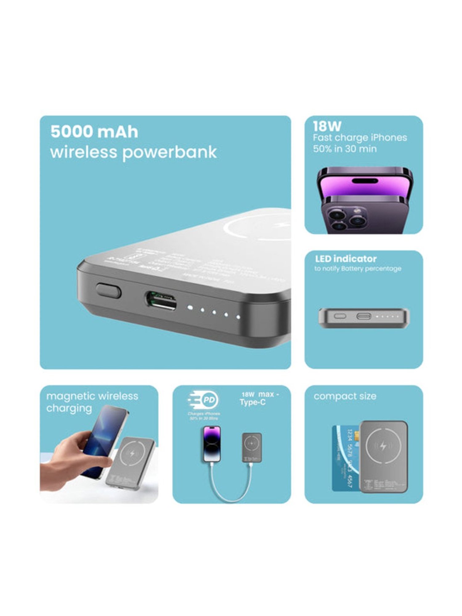 Stuffcool Click 5000mAh Magnetic Wireless Powerbank (Grey)