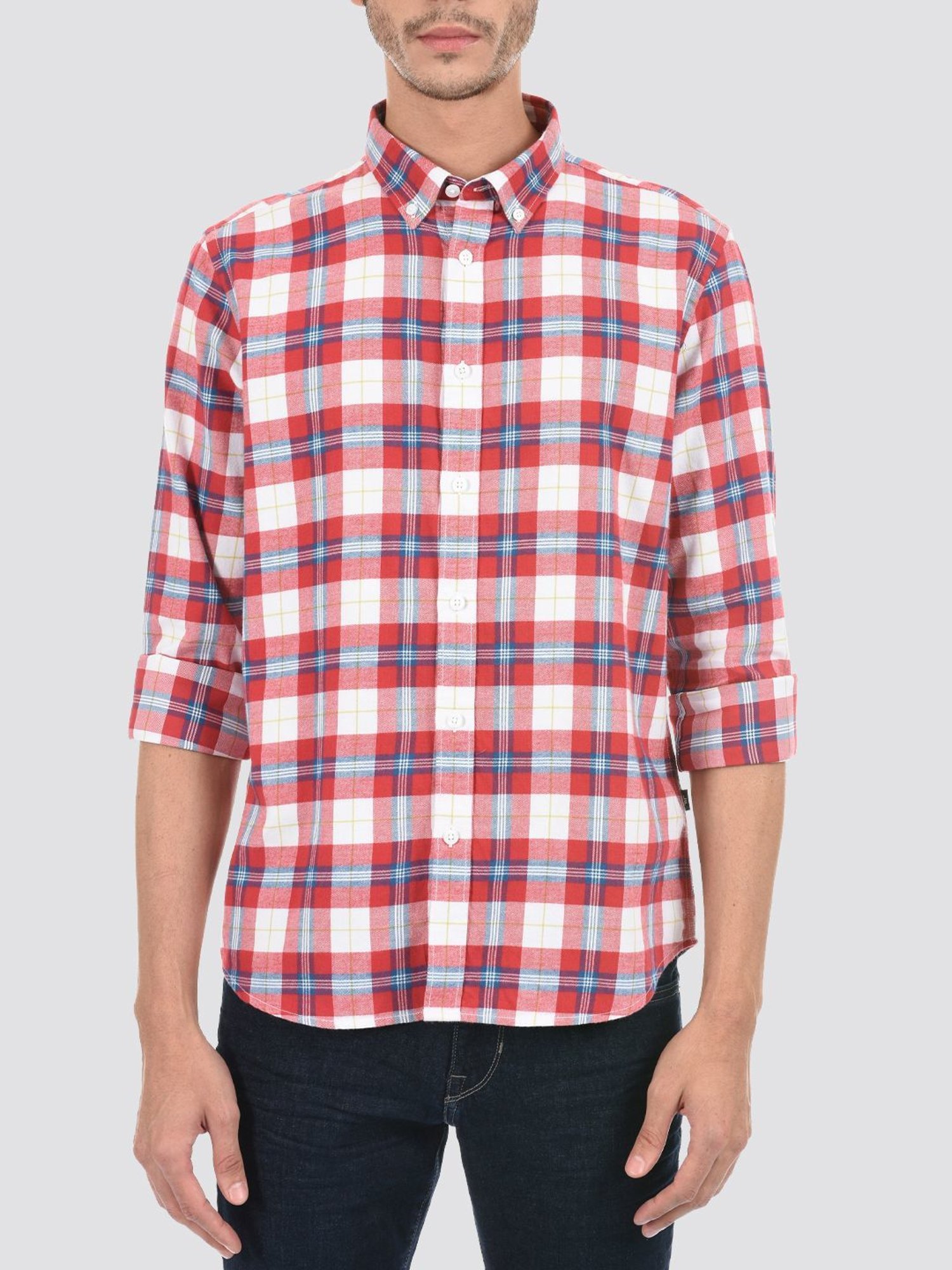 London Fog Red Regular Fit Checks Shirt