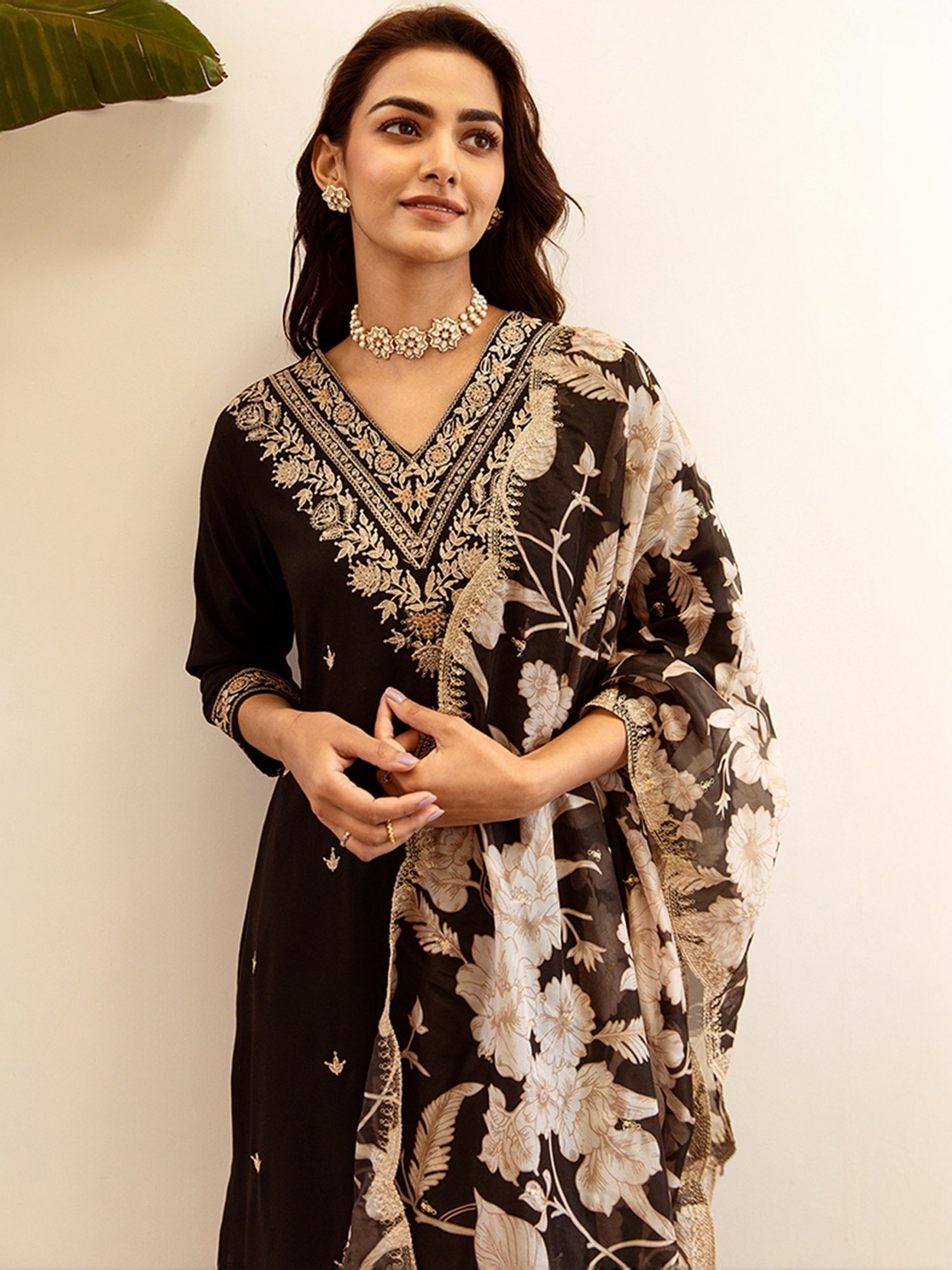 Indo Era Black Embroidered Kurta Salwar Set With Dupatta
