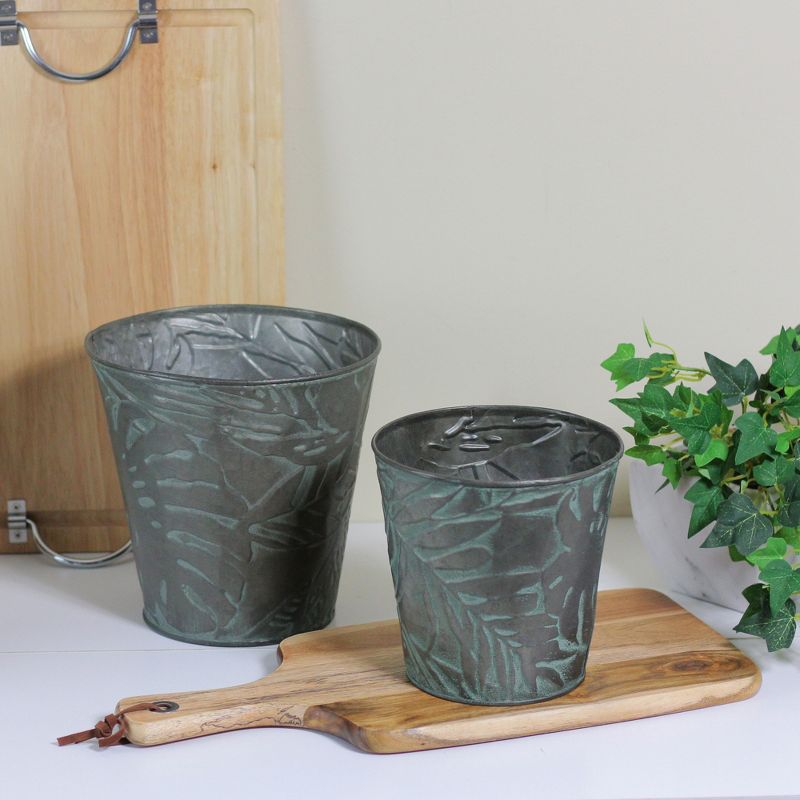 Allstate Floral 11" Rustic Leaves And Branches Outdoor Planter Pots 2pc - Green/Gray