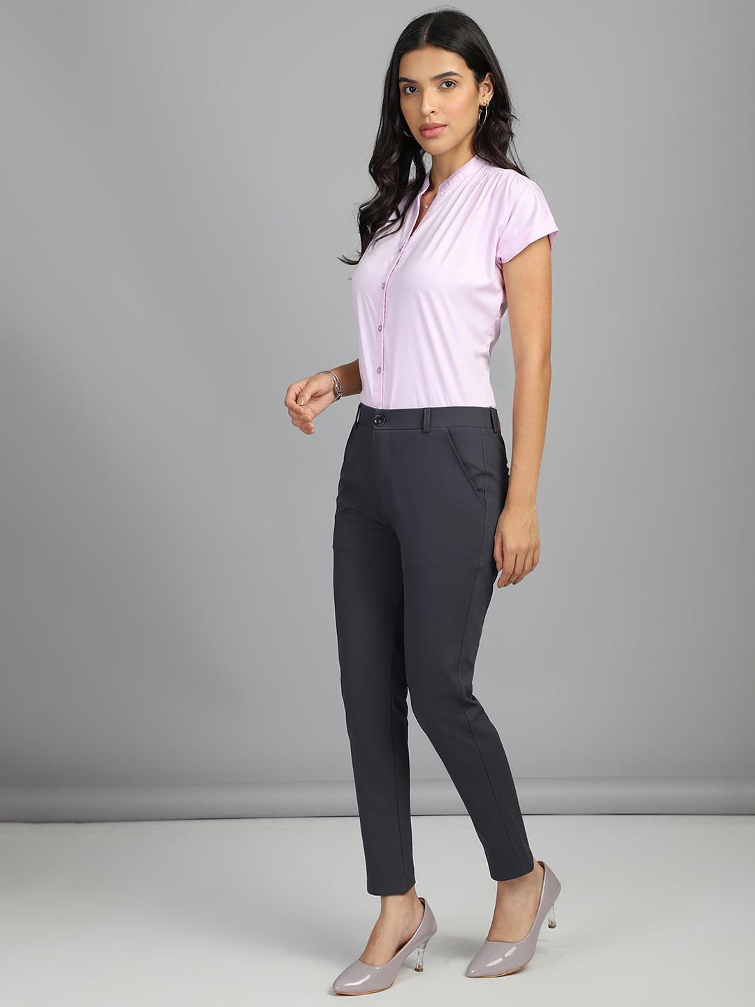 FITHUB Dark Grey Skinny Fit High Rise Formal Trousers