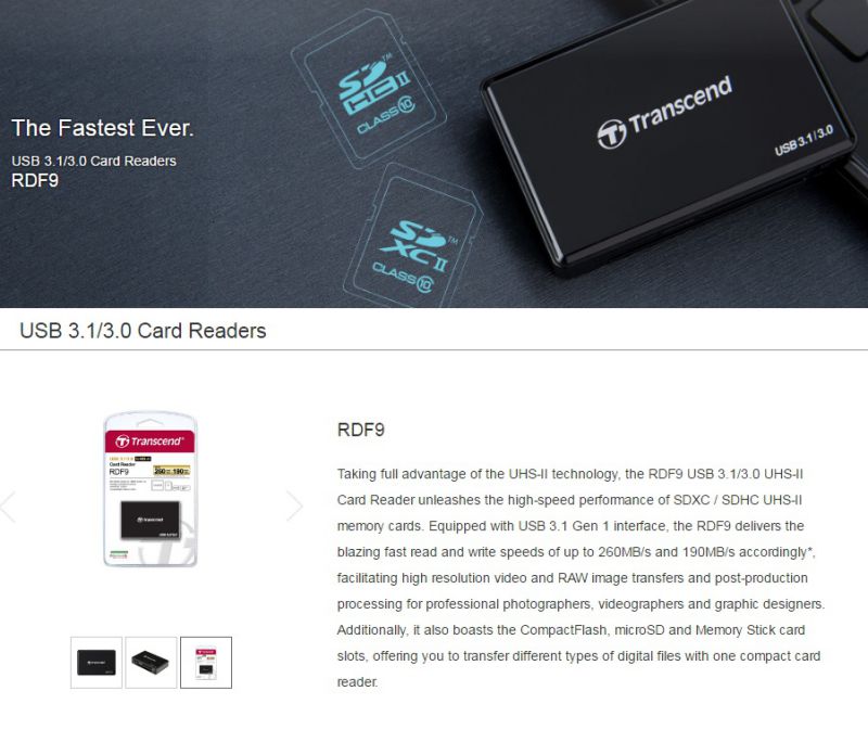 Transcend TS-RDF9K Card Reader SDHC/XC microSDHC/XC CF MS USB3.1/USB3.0