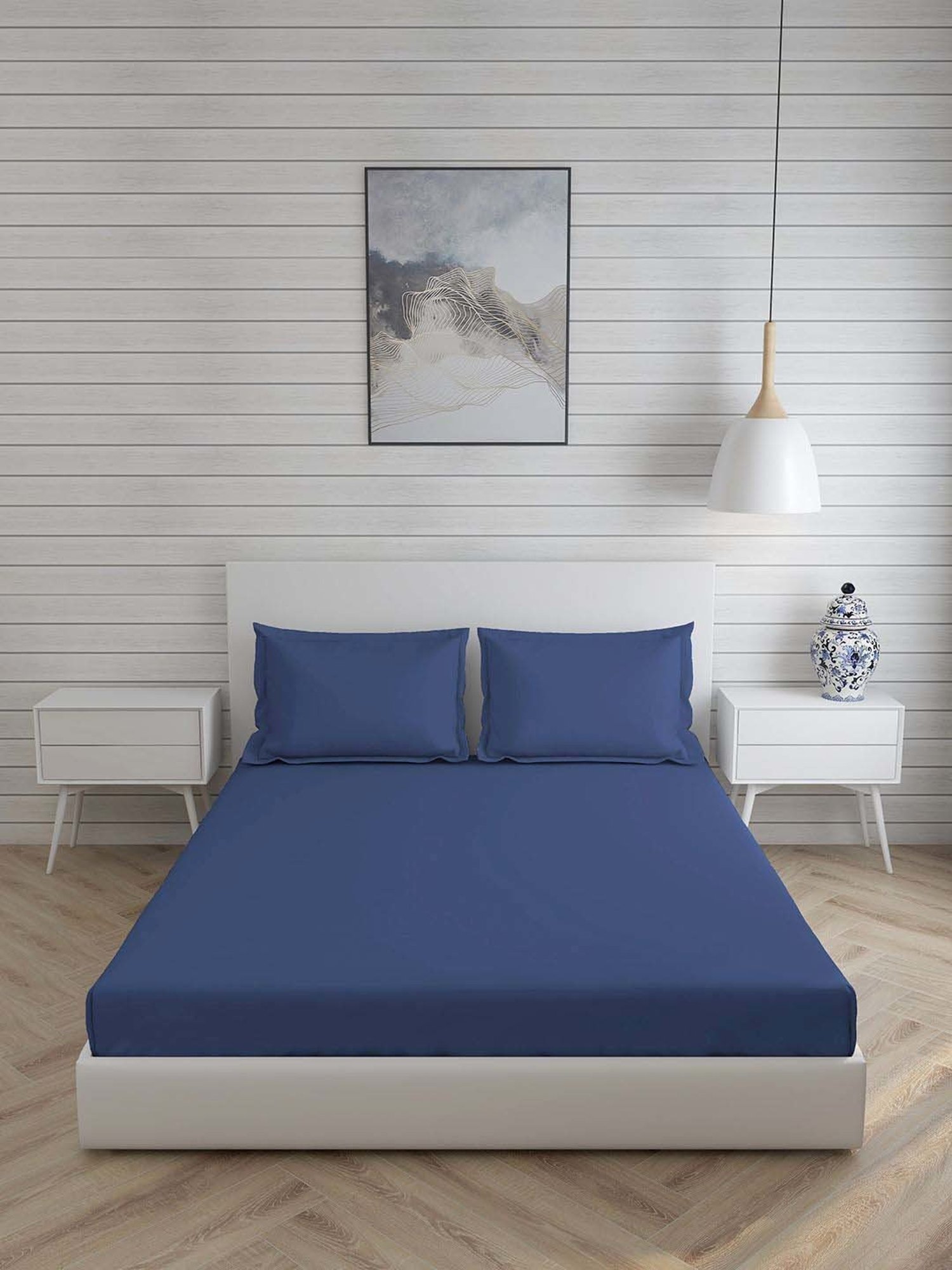 Boutique Living Kalpavriksha Navy Bamboo Cotton 300 TC King Size Bed Sheet with Pillow Cover