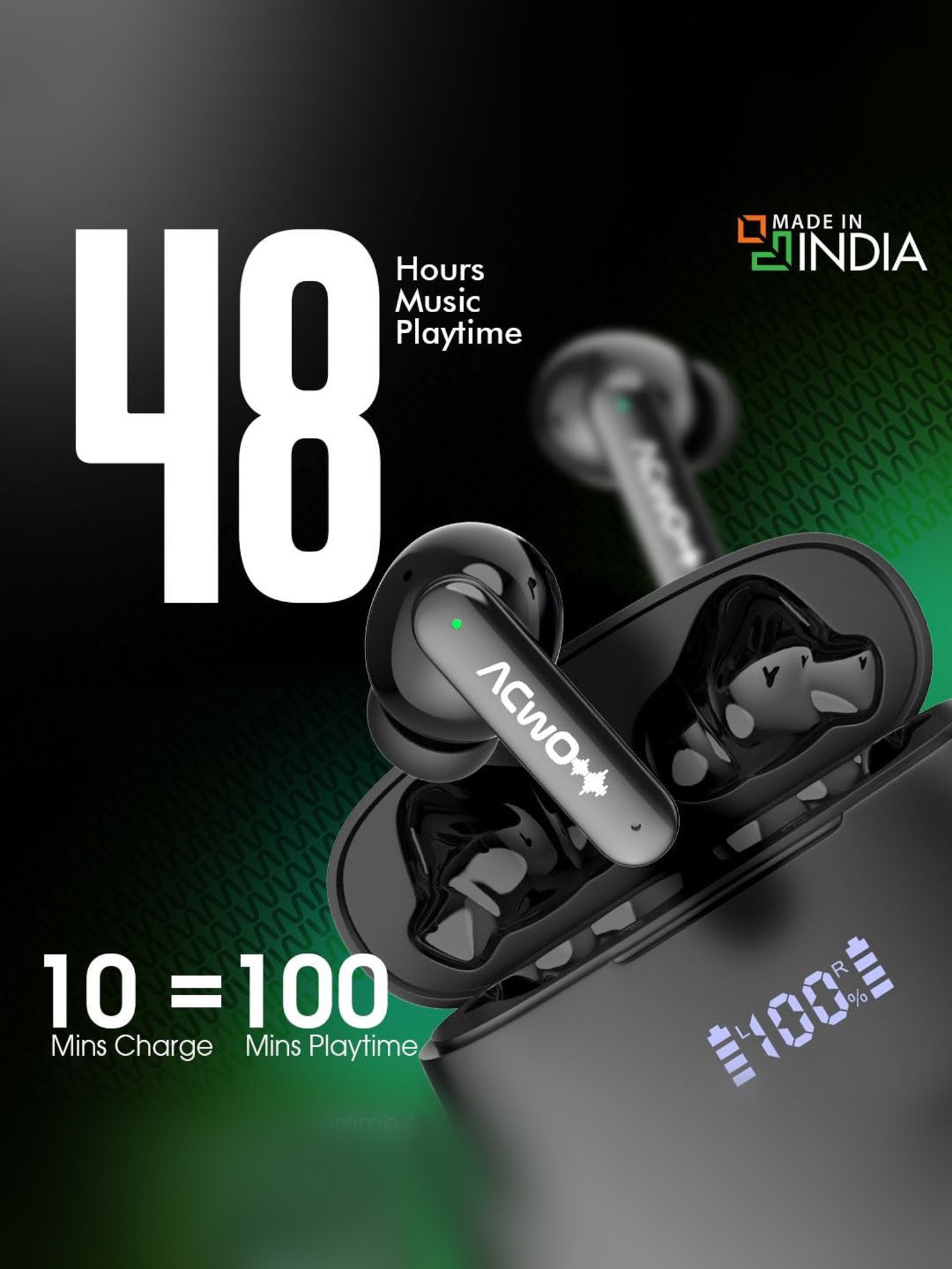 ACwO DwOTS 323 in-Ear BT Earbuds with 48H Playback & ENC Technology (Charcoal Black, True Wireless)