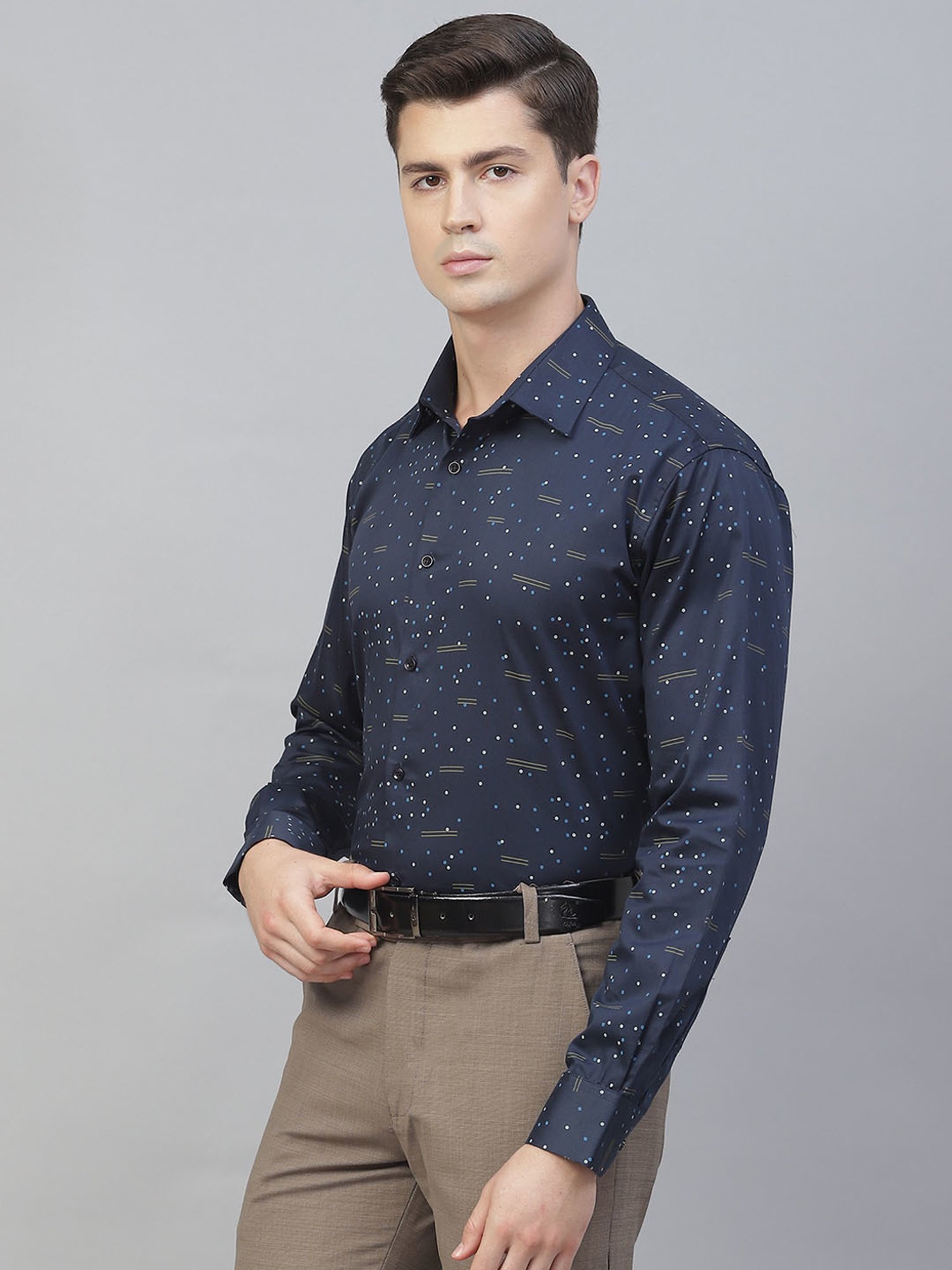ManQ Blue Cotton Regular Fit Printed Shirt