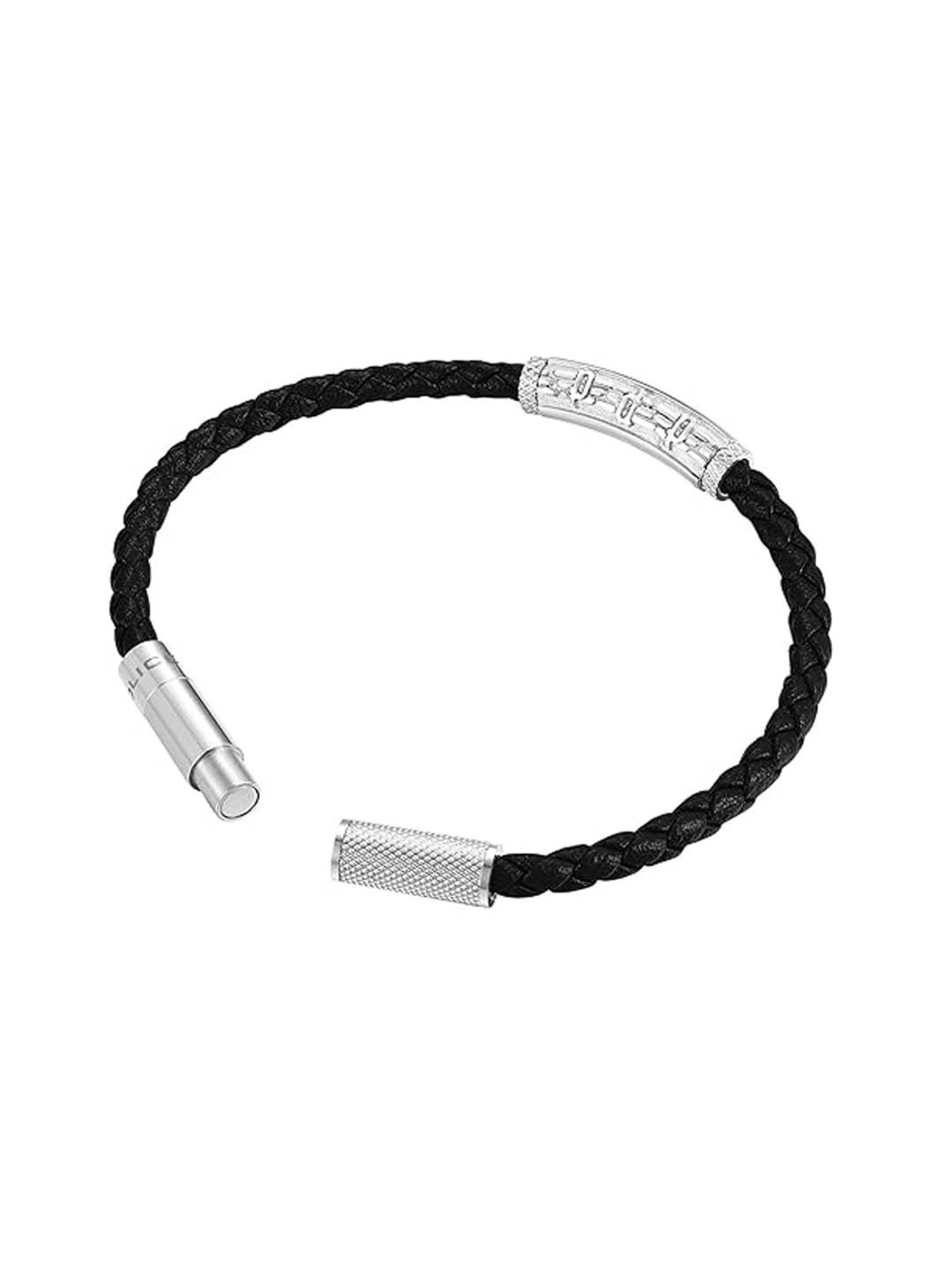 Police Warren Wing Logo Emblem Men's Black Leather Bracelet- PEAGB0033601