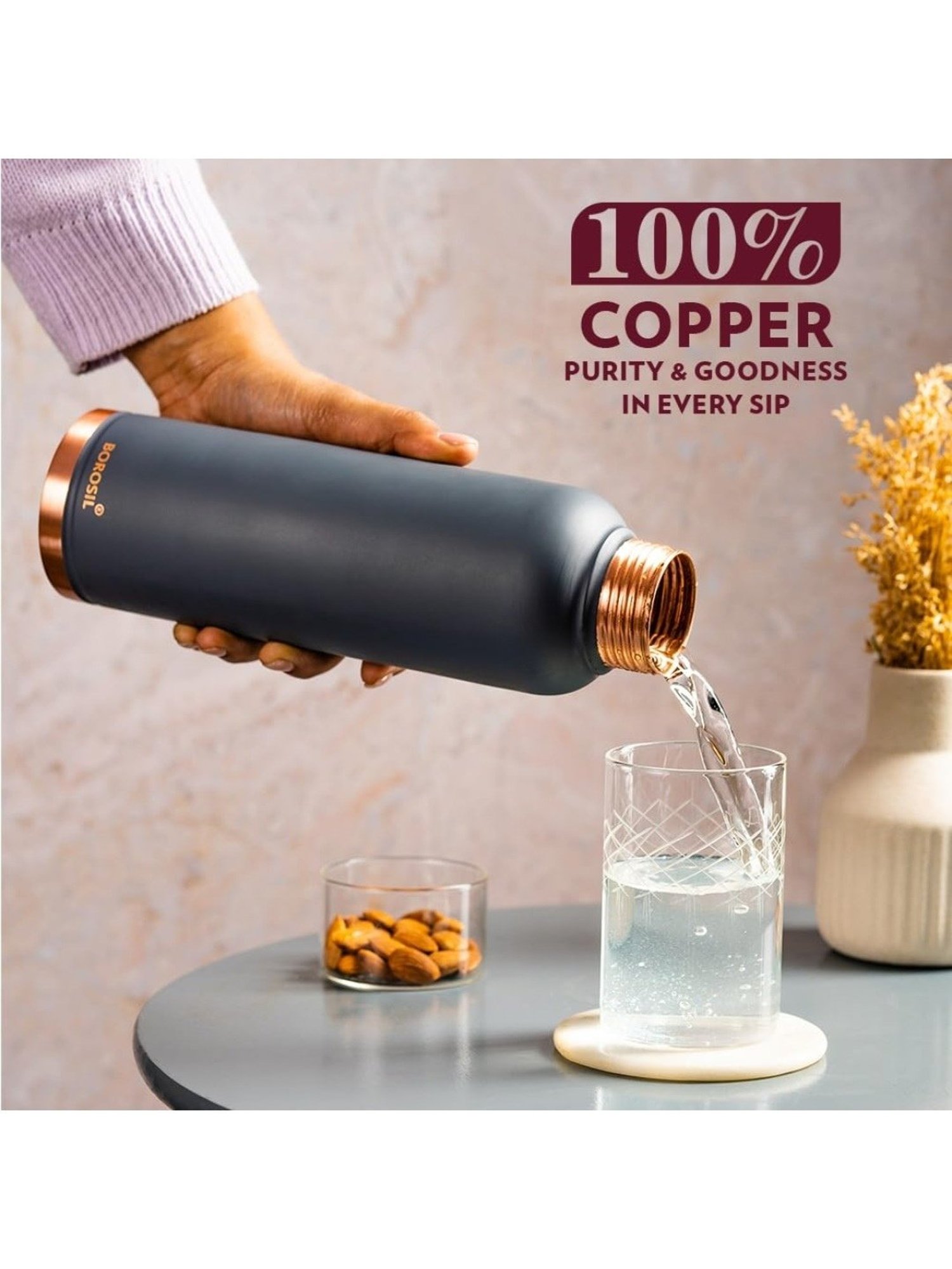 Borosil Grey Copper Bottle With Double Wall Vacuum (1 L)