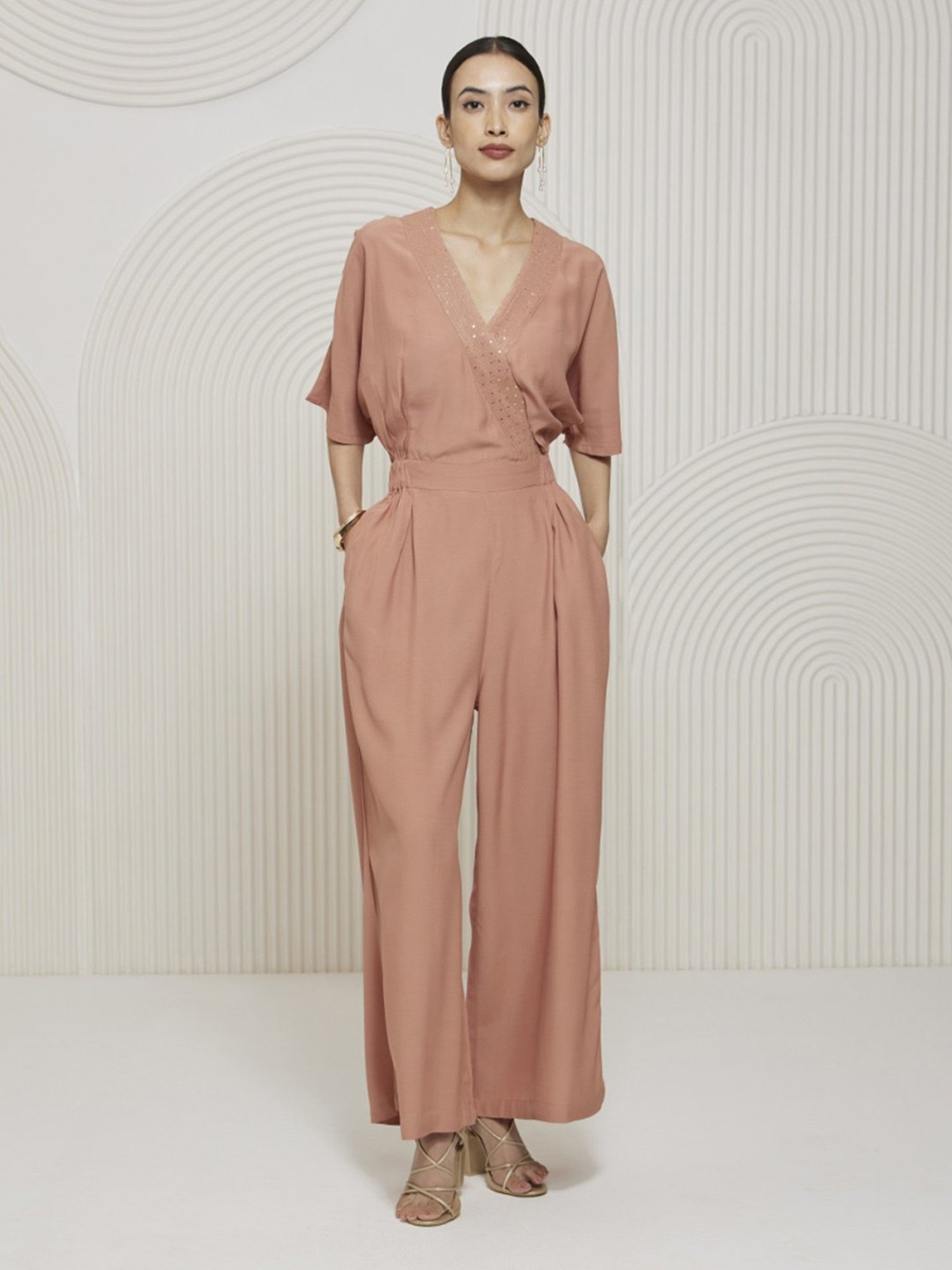 Artagai Salmon Pink Elevated Basics Jumpsuit With Kimono Sleeves