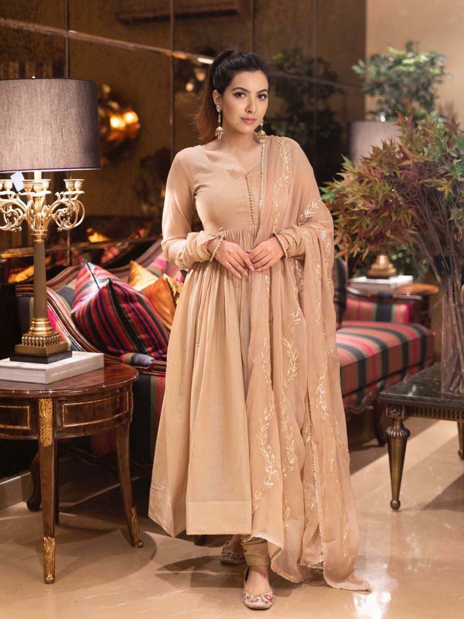 AACHHO Beige Kurta Pant Set With Dupatta