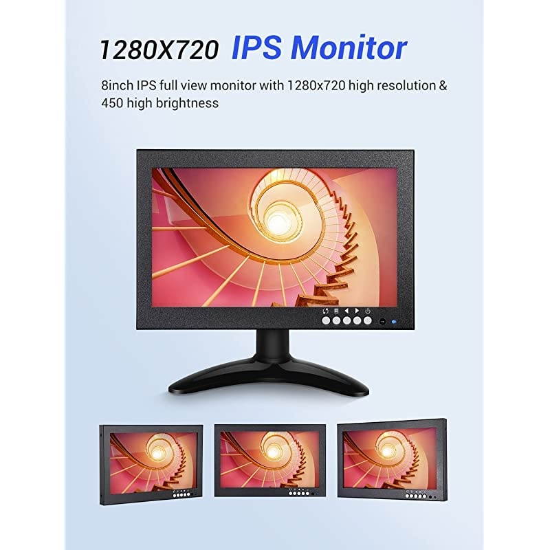 8 inch Small HDMI LCD Monitor Portable 1280x720 169 IPS Metal Housing Screen Support HDMIVGAAVBNC Input with Wall BracketampRemote Control for PC CCTVSecurity CameraRaspberry pi Computer