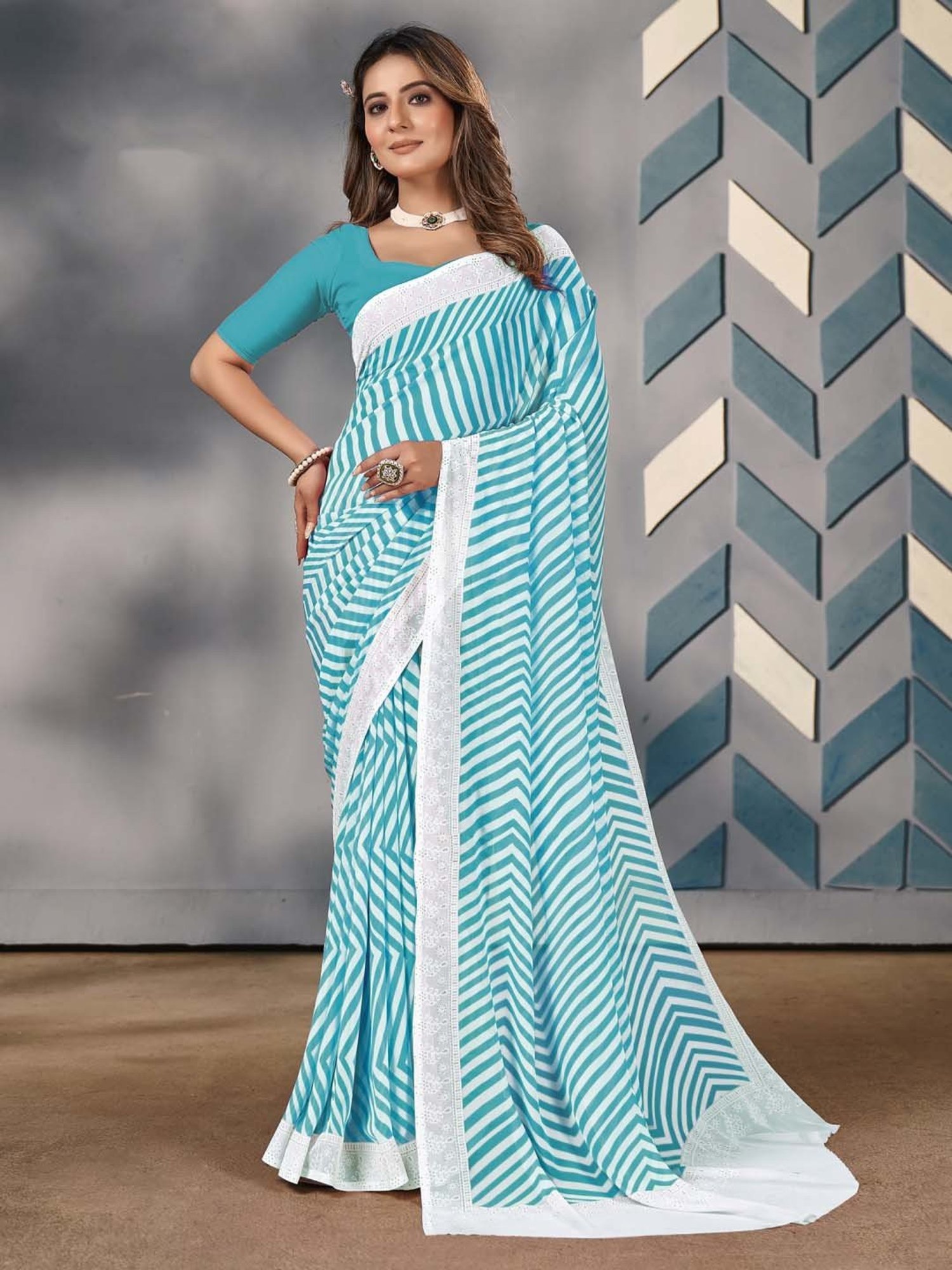 Saree Mall Blue Printed Saree With Unstitched Blouse