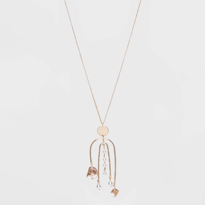 Simulated Pearls with Disc and Curved Bar Pendant Necklace - A New Day™ Gold