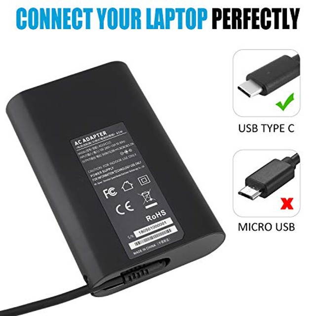 65W 20V 3.25A USB C Charger Fit for Dell LA65NM170, 2YKOF, 02YKOF, Dell XPS 12 9250, Dell Latitude 12 7275, Dell Latitude 13 7370 by HXHTEC