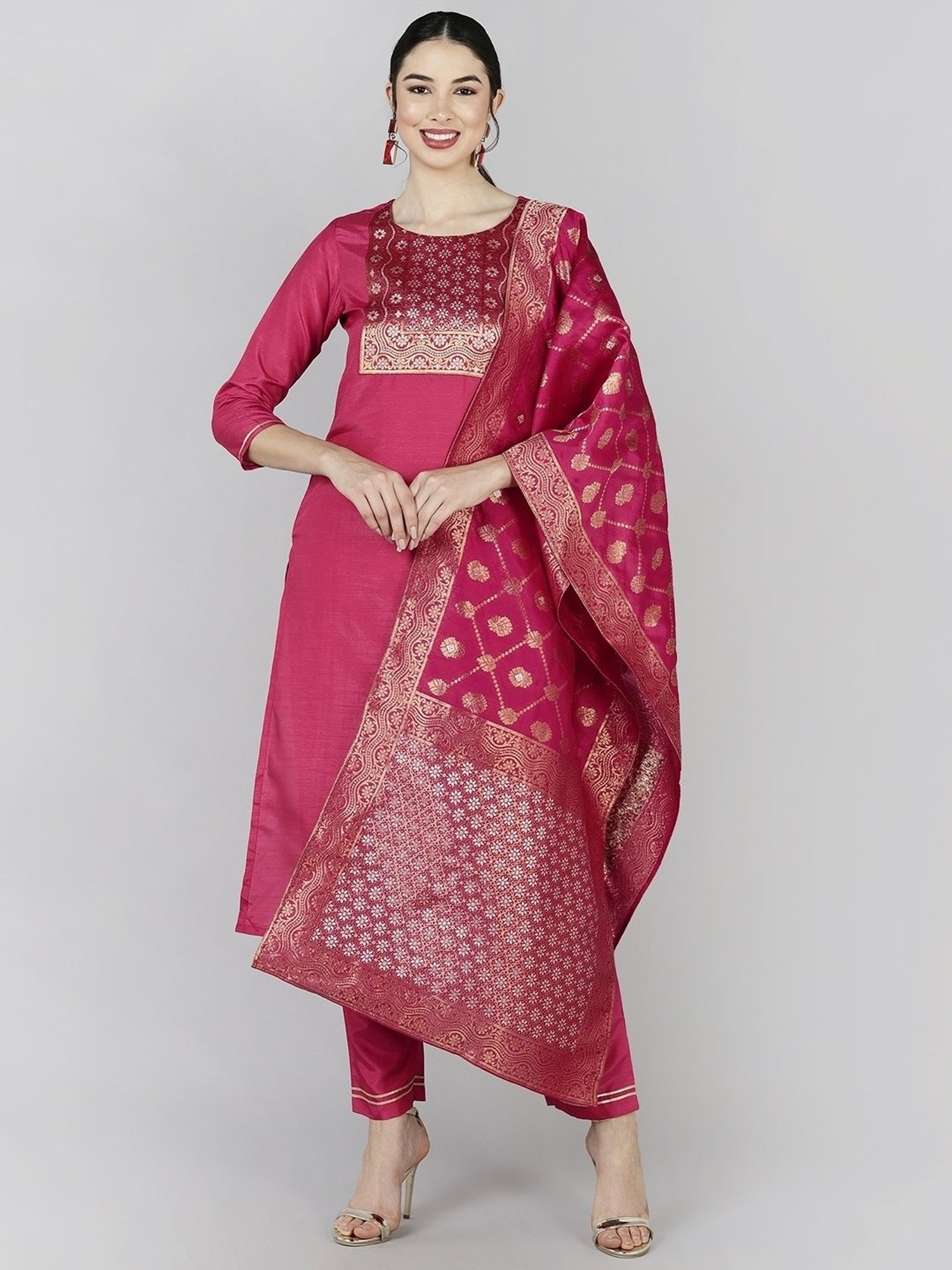 Vaamsi Pink Woven Pattern Kurta Pant Set With Dupatta