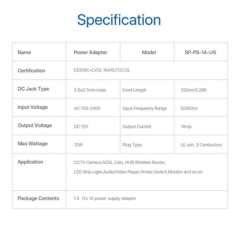 10ft3m AC 100240V to DC 12V 1A 1000mAvPower Supply Adapter for CCTV Security Surveillance Camera DVR NVR System LED Strip Wireless Router Switch and More