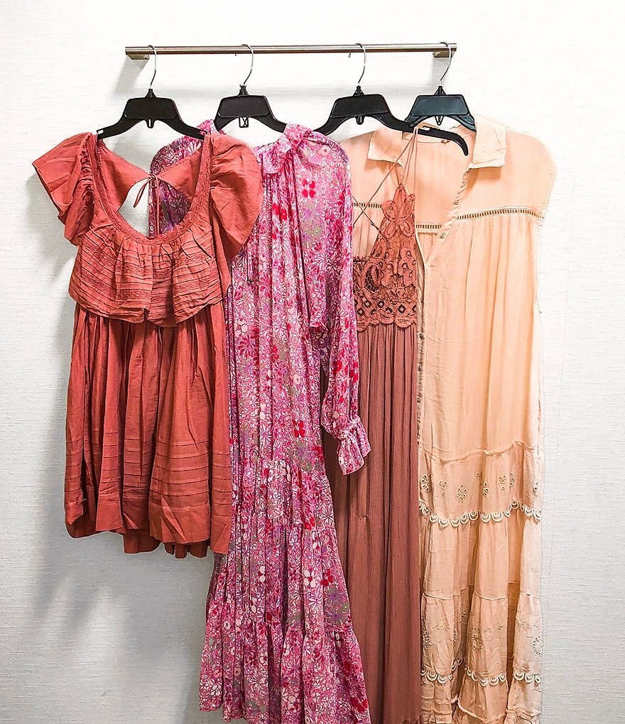 Free People Feeling Groovy Long Sleeve Tiered Ruffle Hem Summer Pink Floral Print Midi Swing Dress