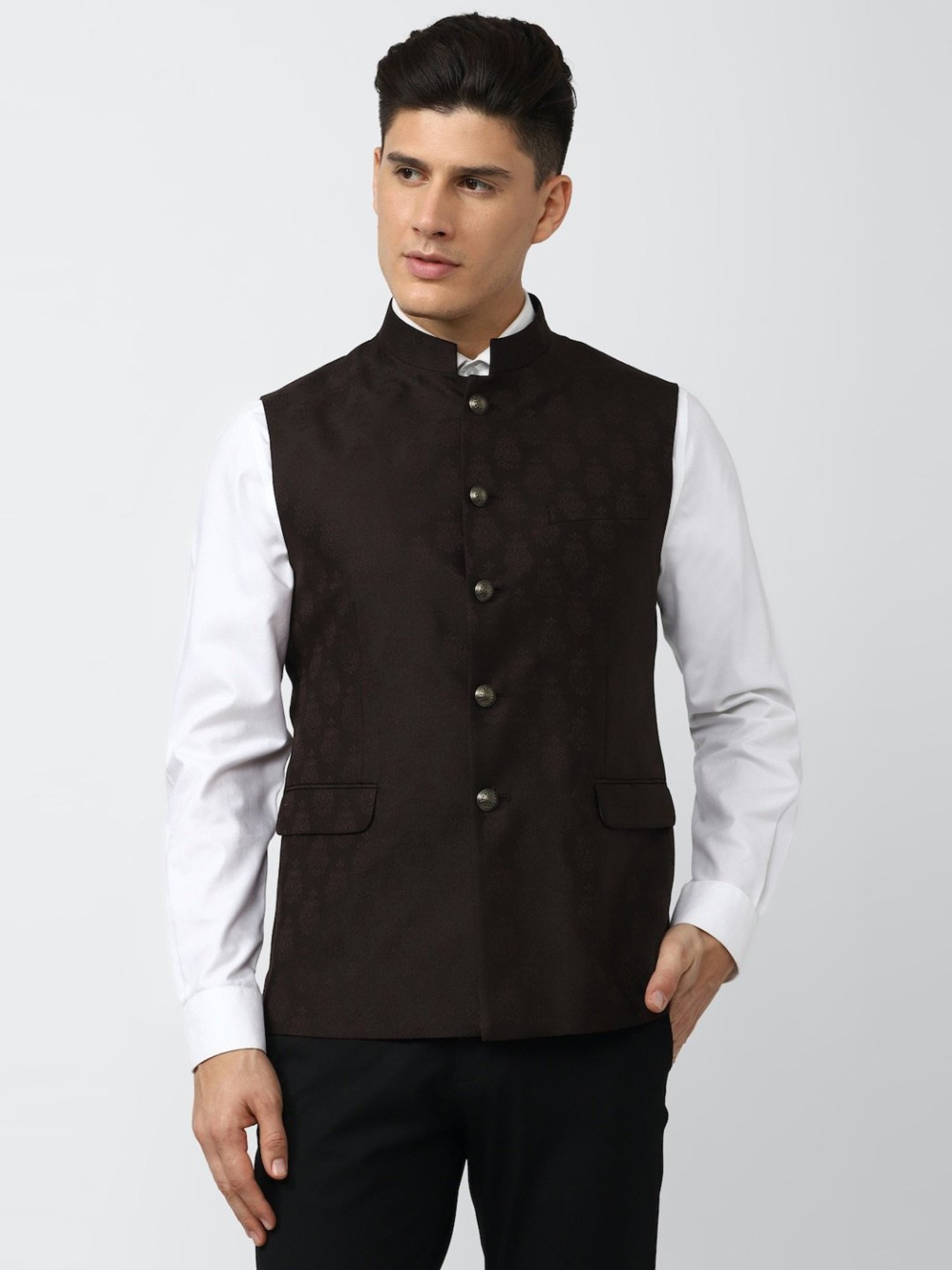 V Dot Brown Slim Fit Printed Nehru Jacket