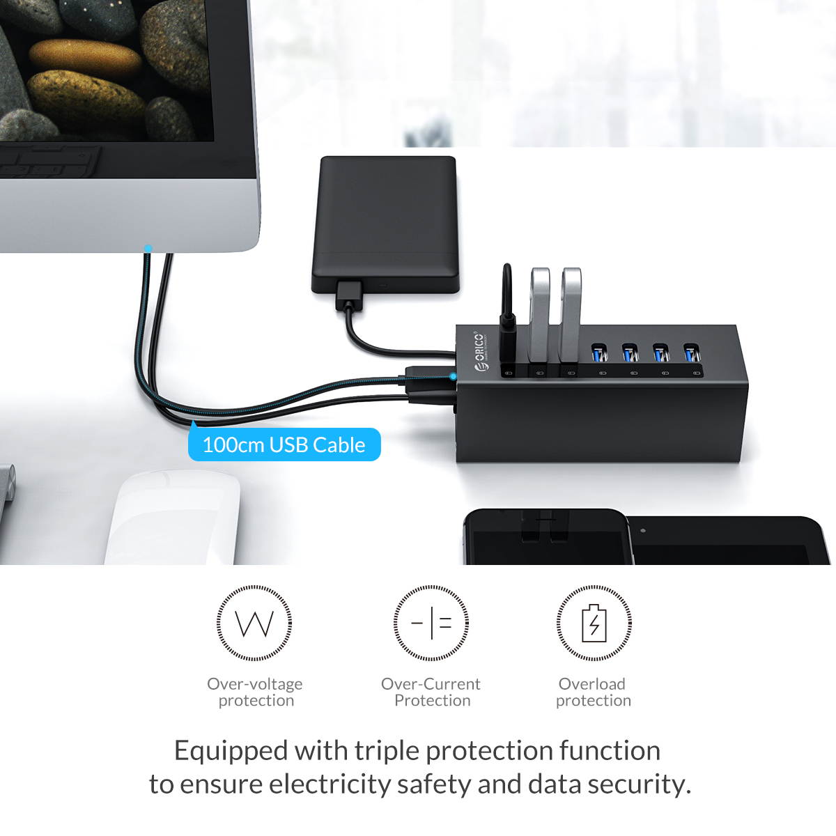 ORICO Aluminum 7 Ports USB 3.0 HUB with 3.3Ft. USB 3.0 Date Cable and 12V/2.5A Power Supply for Macbook,PC,Laptops (HUB is not a Charger,Data transfer Only)- Black (A3H7-V1-US)