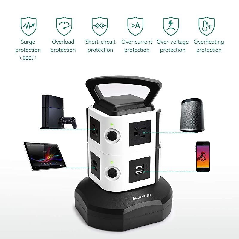 Power Strip Tower  Surge Protector Electric Charging Station 3000W 13A 6 AC Outlets 4 USB Ports with 16AWG 6.5ft Heavy Duty Extension Cord for Home Office