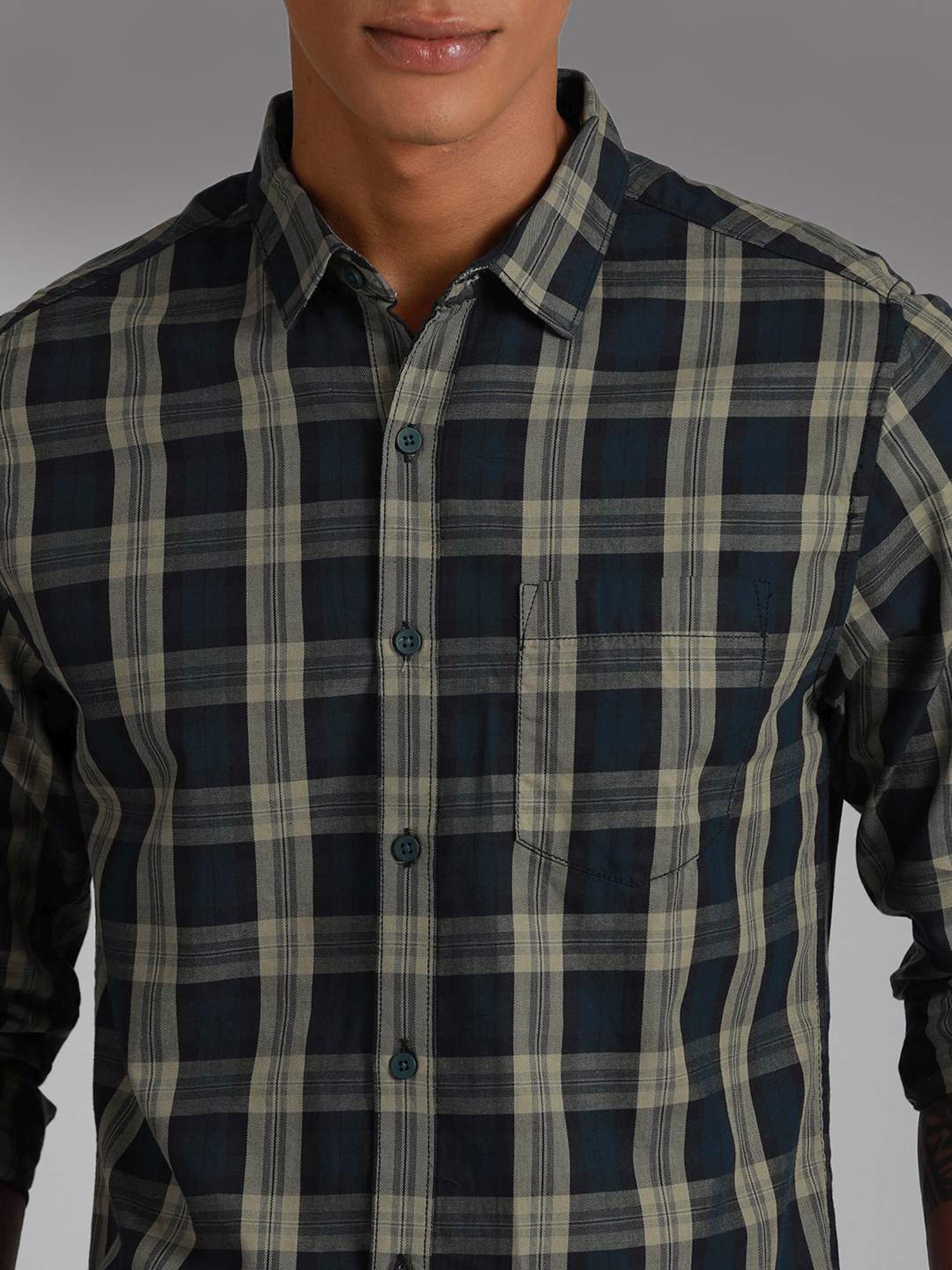 High Star Green Cotton Regular Fit Checks Shirt
