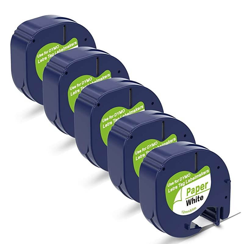 Compatible Label Tape Replace DYMO LetraTag Refills 91330 10697 SelfAdhesive Paper Label Tapefor DYMO LetraTag LT100H LT100T QX50 Label Maker Black on White 12 Inch x 13 feet 5 Pack