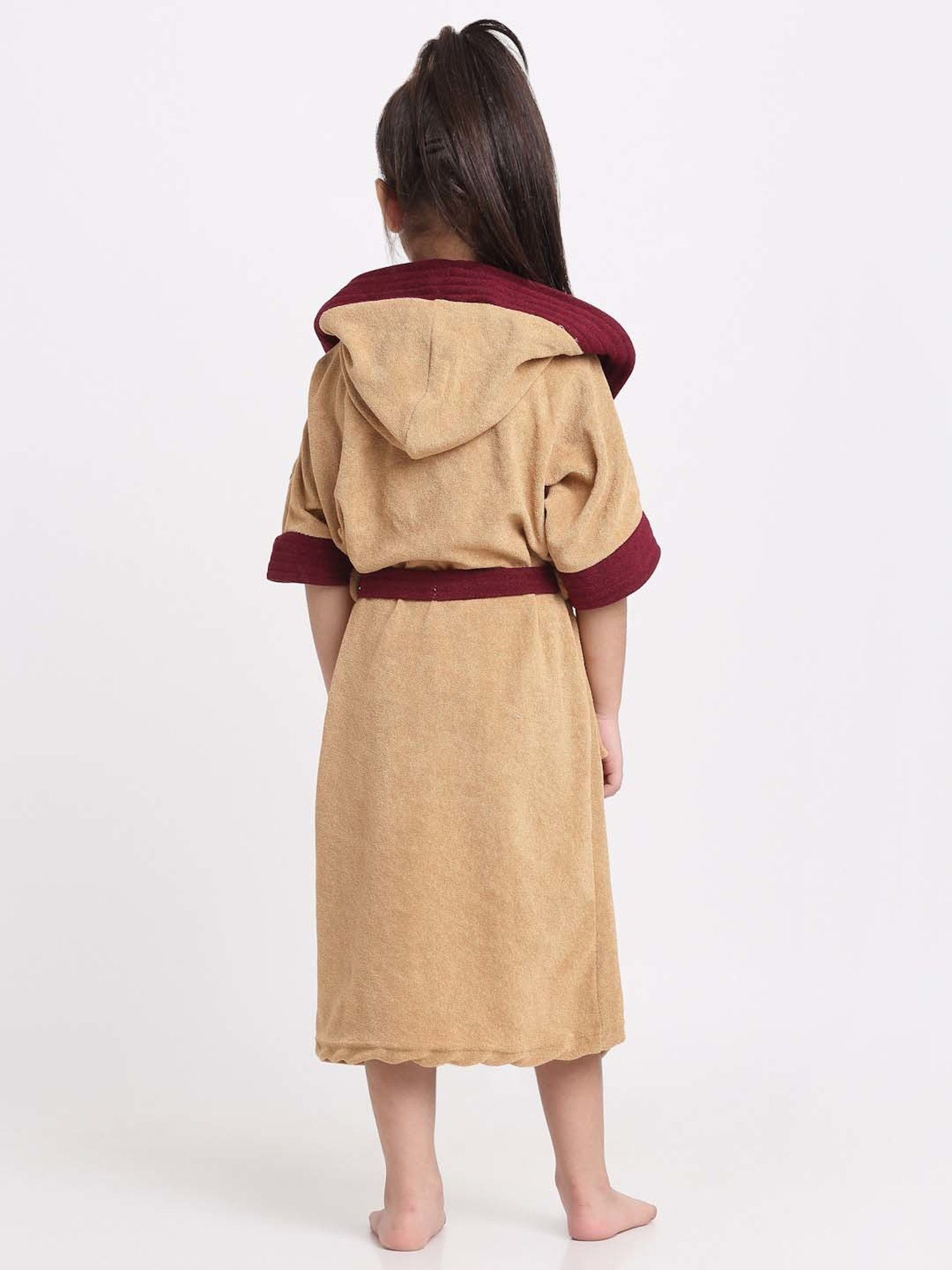 Creeva Melodious Camel & Wine Micro Terry 225 GSM Kids Hooded Bathrobe 14-15 Years With Pocket