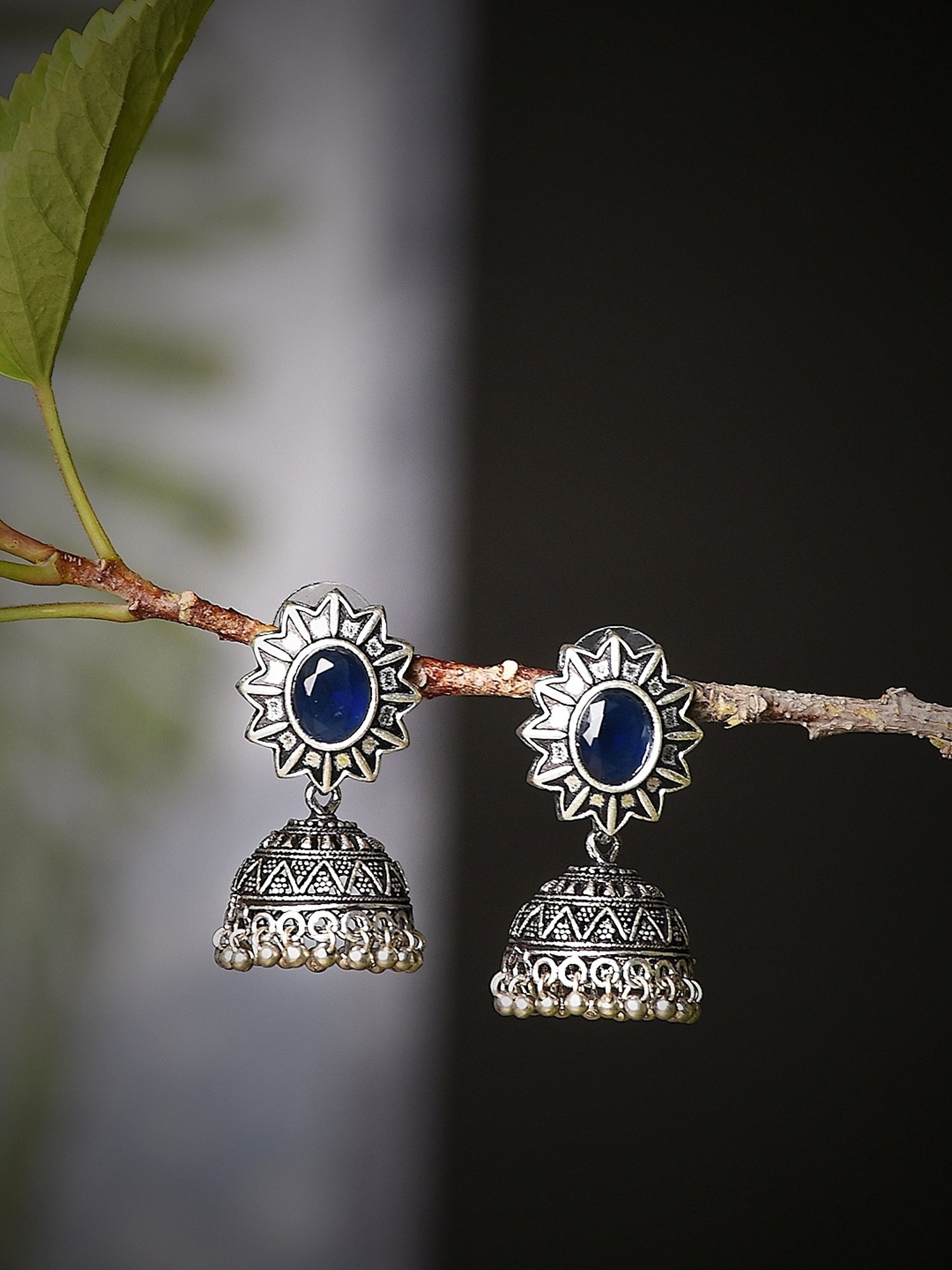 Imli Street Blue Silver Tone Stone-Studded Handcrafted Jhumki Earrings