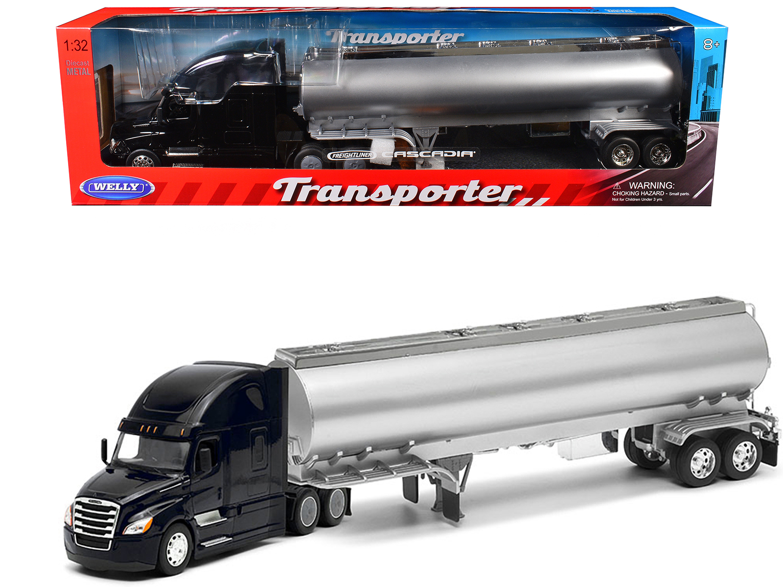 Freightliner Cascadia Truck Black with Silver Tanker Trailer "Transporter" Series 1/32 Diecast Model by Welly