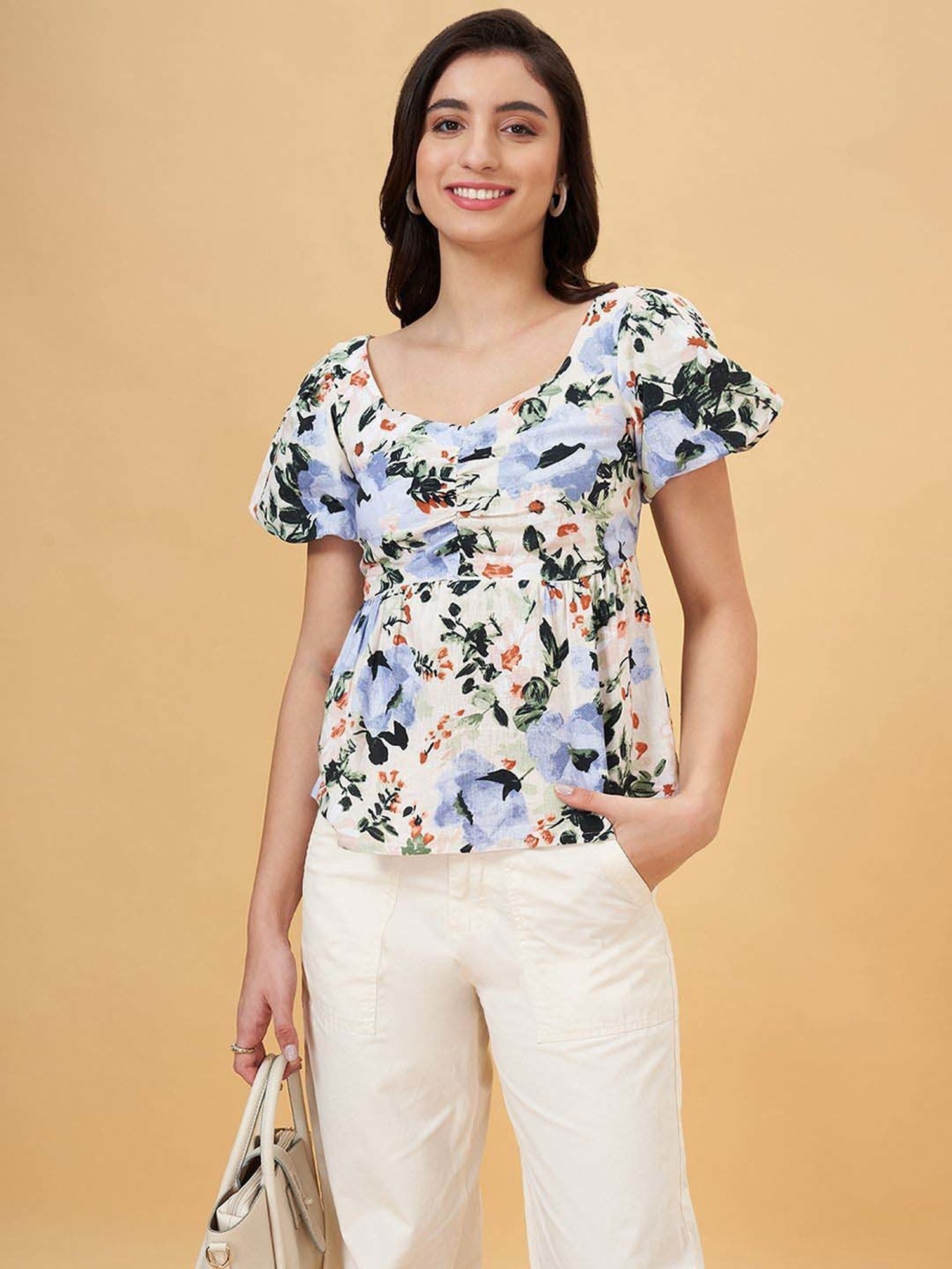 Honey by Pantaloons White & Blue Printed Top
