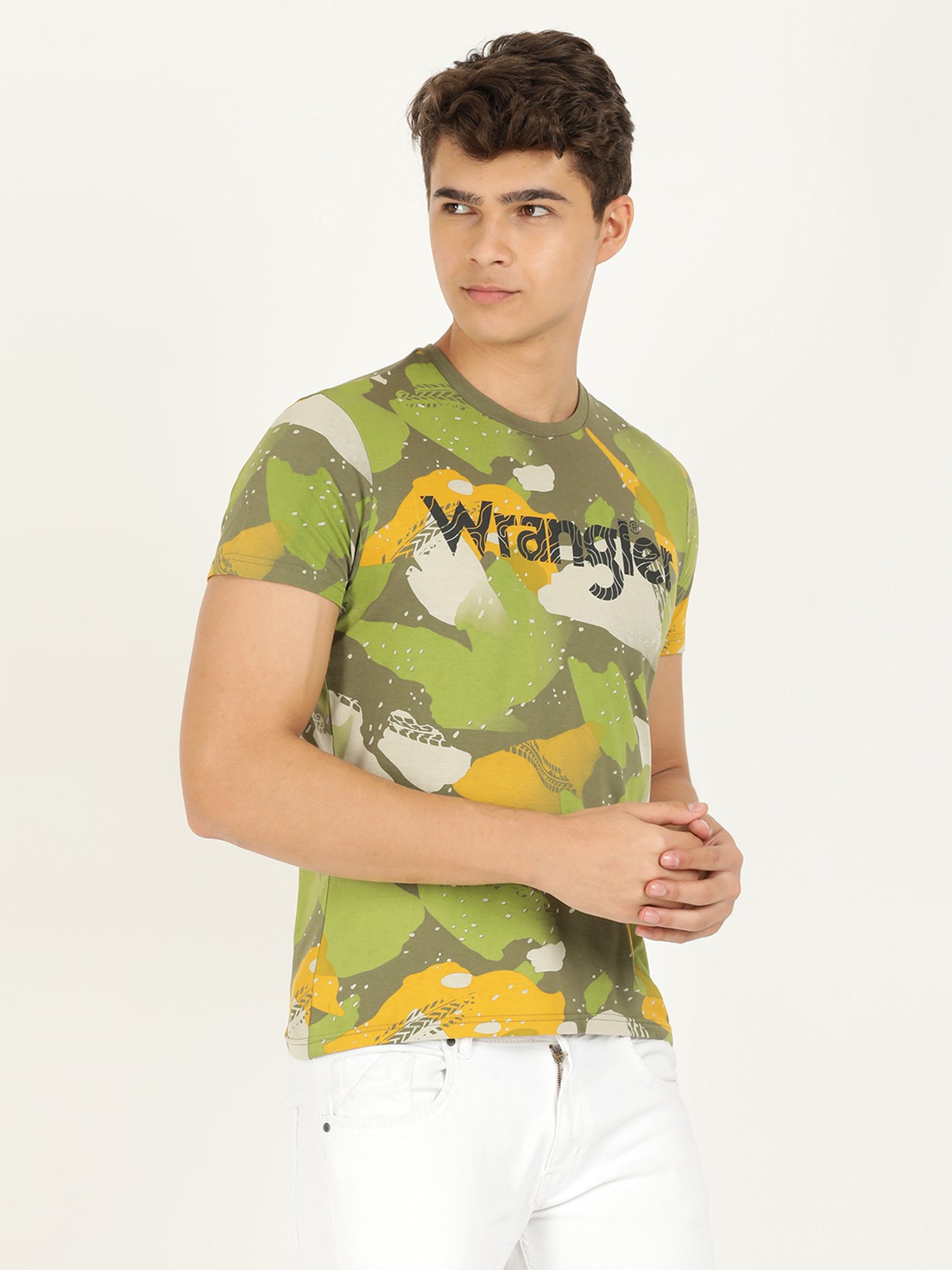 Wrangler Olive Cotton Regular Fit Printed T-Shirt
