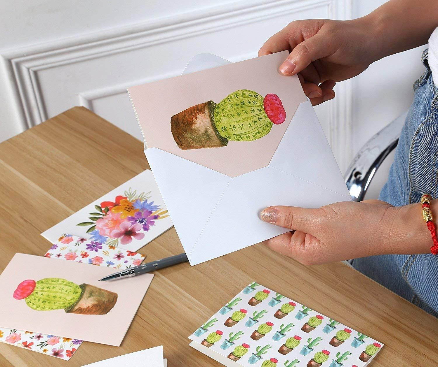 48 Pack All Occasion Assorted Blank Note Cards Greeting Cards Bulk Box Set - 6 Watercolor Designs, Cactus Cacti Floral Flower Peacock Feathers - Notecards with Envelopes Included 4 x 6 Inches