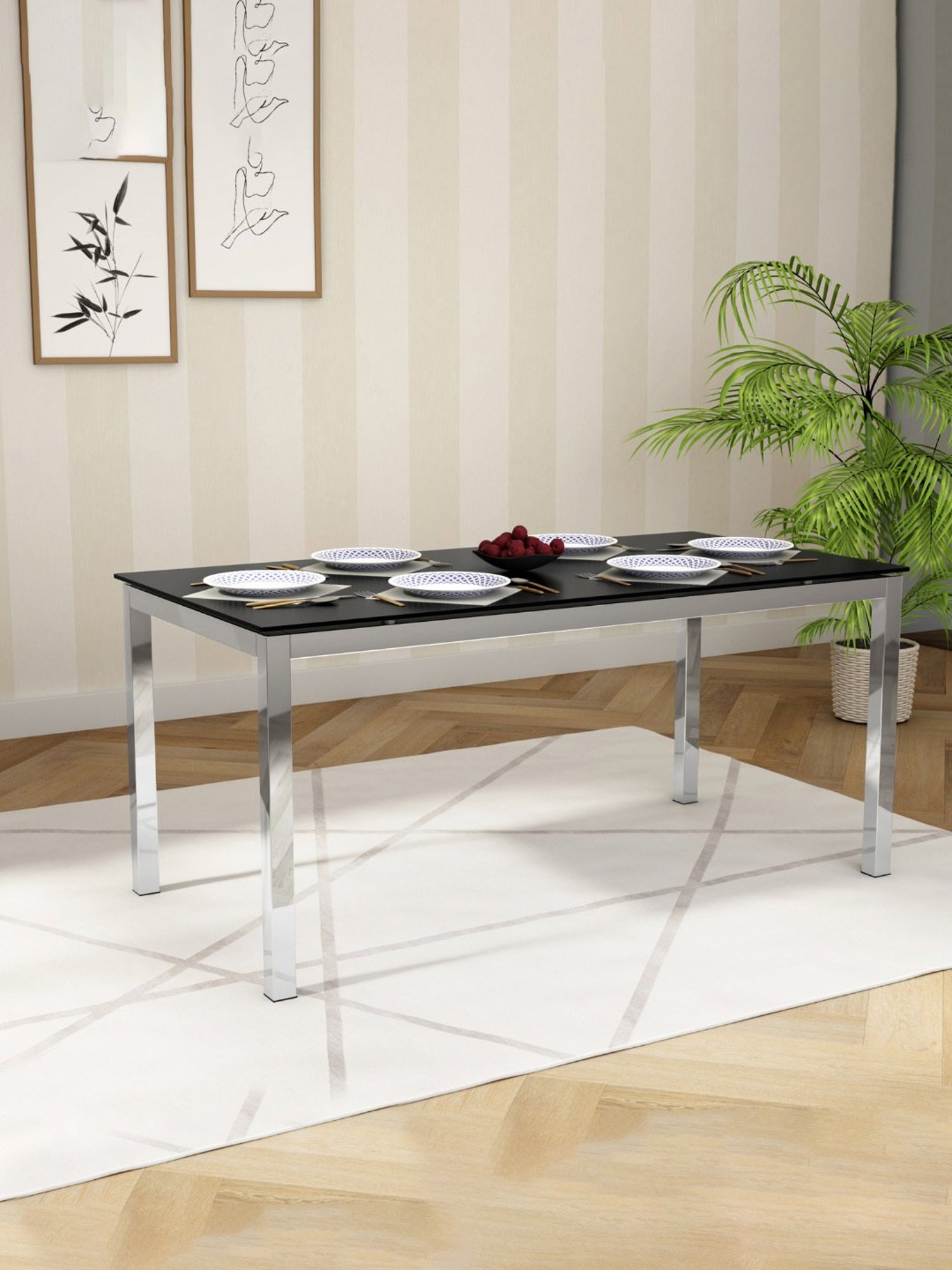 Godrej Interio Mod Knight Black & White Tempered Glass 6 Seater Rectangular Dining Table