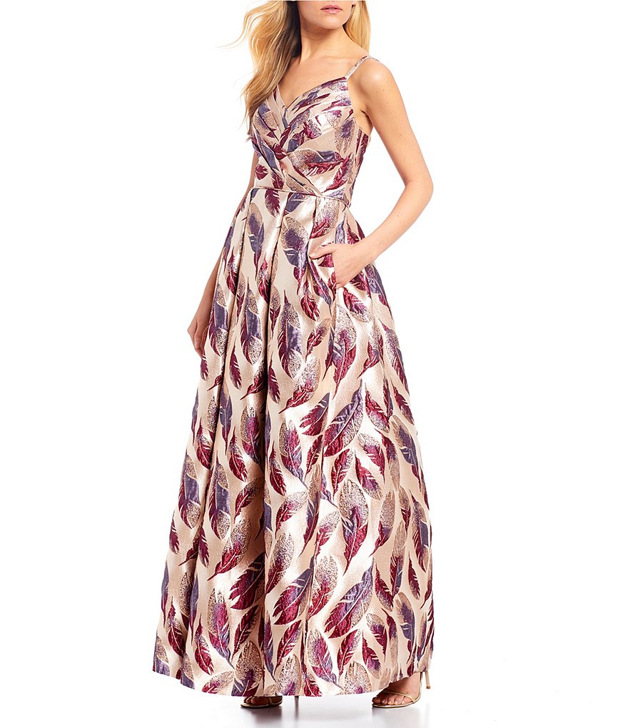 Morgan & Co. Spaghetti Strap V-Neck Feather Print Jacquard Ball Gown