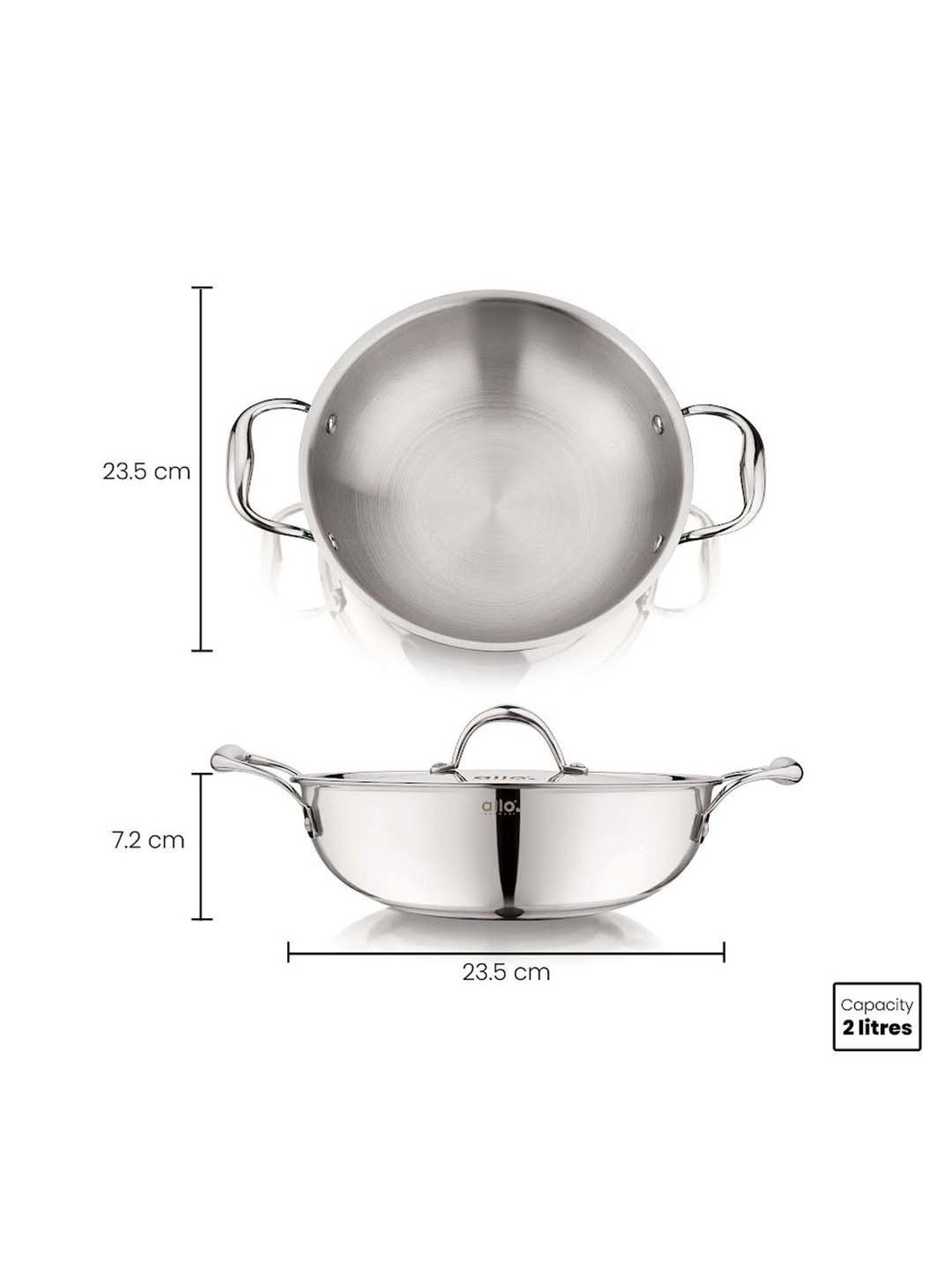 ALLO Silver Stainless Steel 22 cm Induction Friendly Triply Kadhai (2 L)