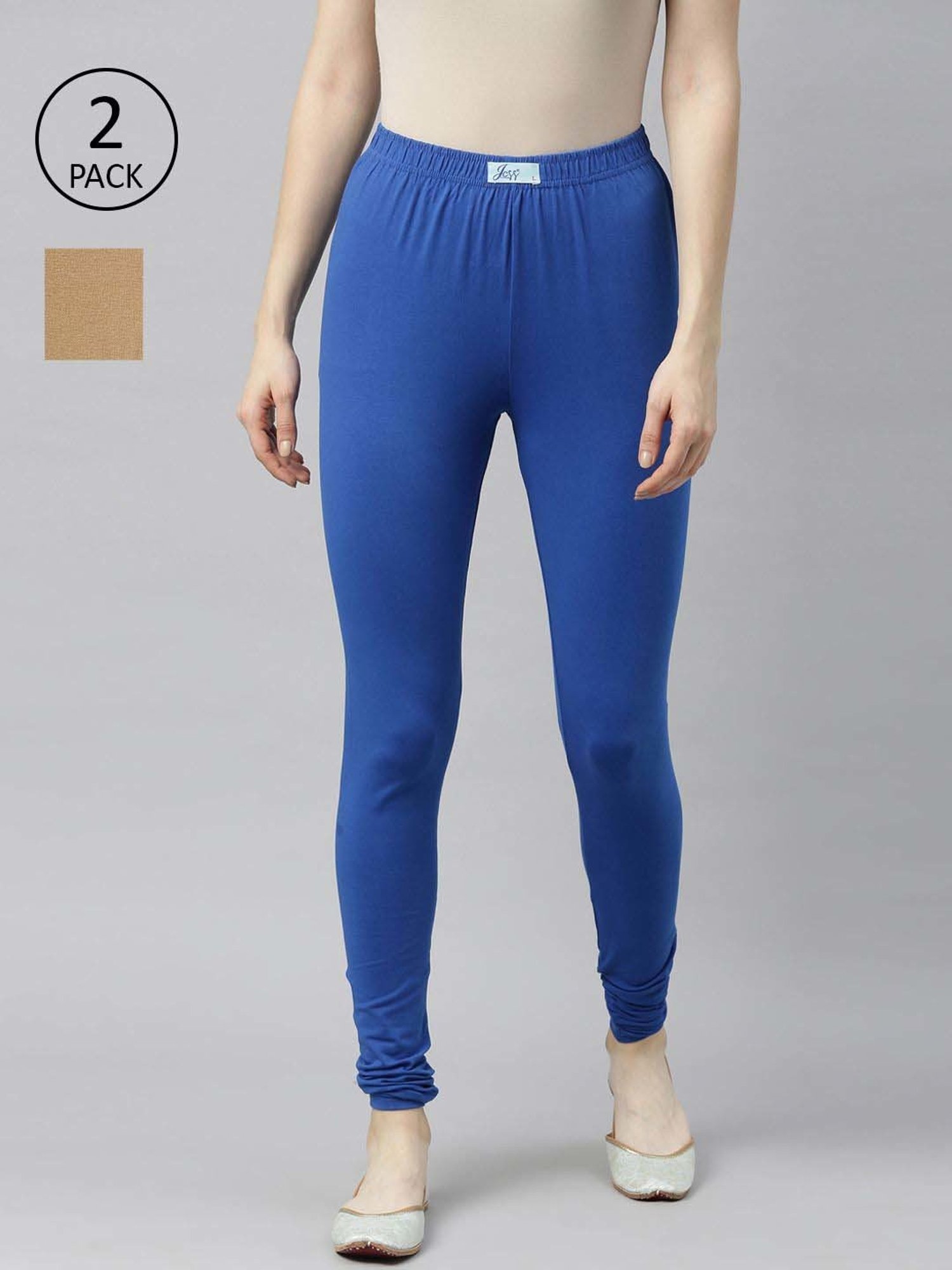 JCSS Blue & Beige Cotton Leggings - Pack Of 2