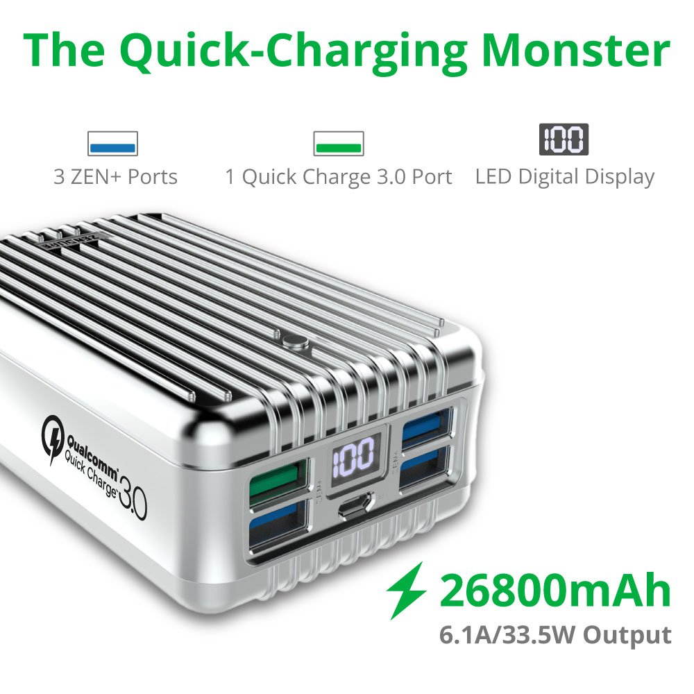Zendure A8 26800 mAh Portable Charger &ndash; Ultra Durable Power Bank with QuickCharge 3.0, 4 USB Ports, Digital Display, Zen+ Technology for iPhone, iPad, Samsung Galaxy, LG, Pixel & More &ndash; Silver