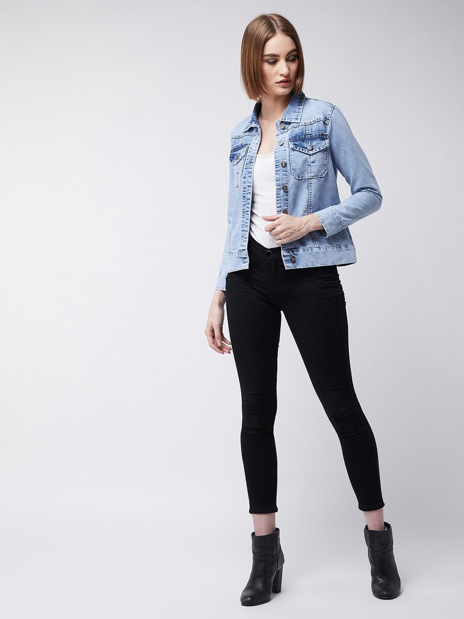 Miss Chase Light Blue Cotton Relaxed Fit Denim Jacket