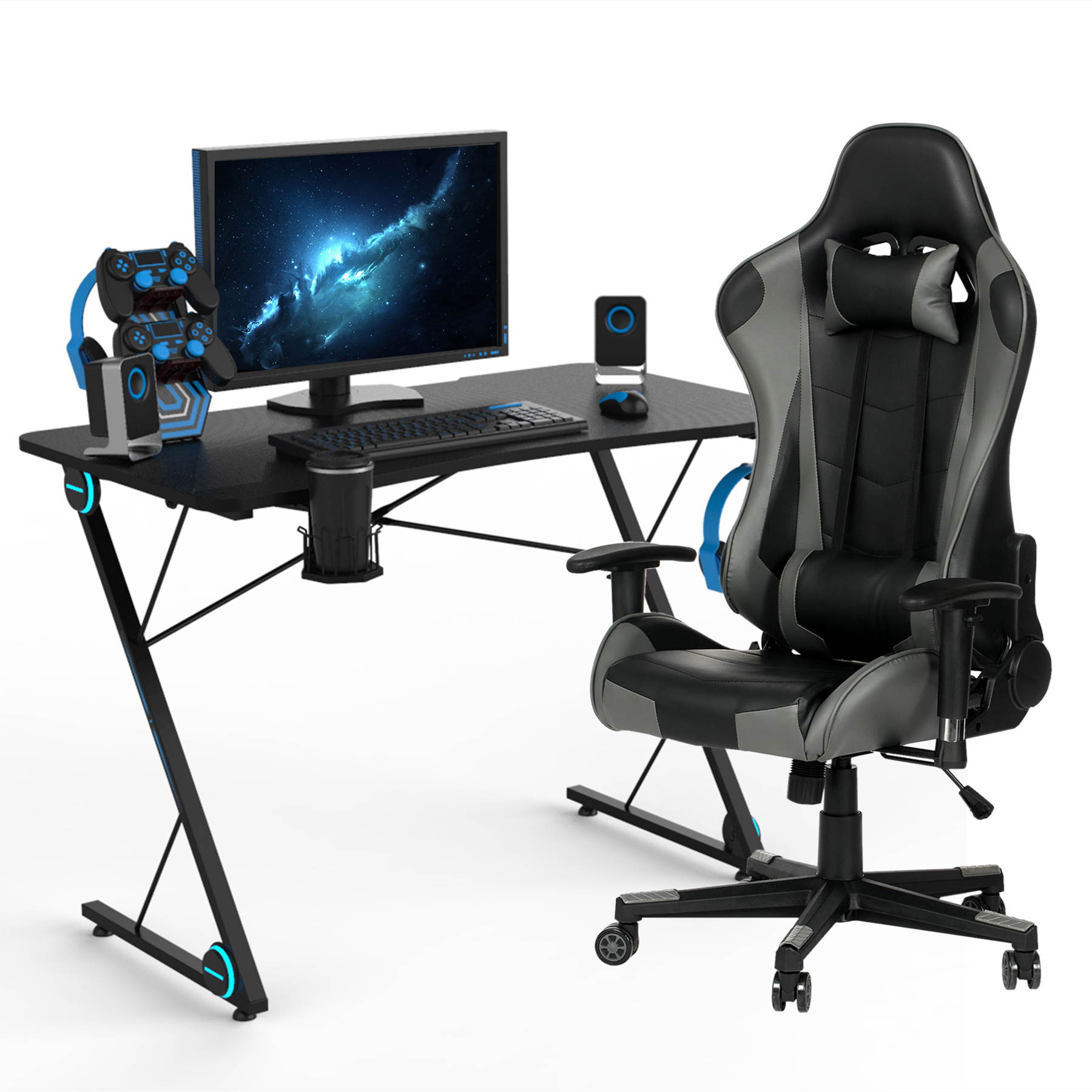 43.3 Inch Gaming Desk with Adjusted Reclining PU Leather Gaming Chair Ergonomic Home Office Desk and Chair Set Z-Shaped E-Sport Gamer Workstation with LED Lights Carbon Fiber Surface and Cup Holder