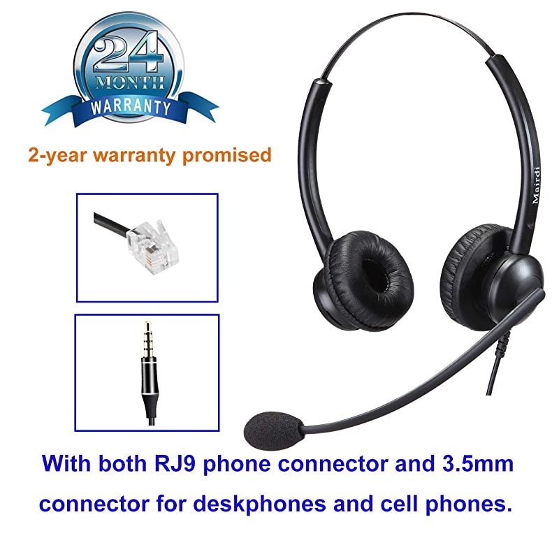 Headset with RJ9 Jack for Phone with Noise Cancelling Microphone Plus Extra 35mm Connector Compatible with Toshiba Mitel Aastra Shoretel Allworx InterTel