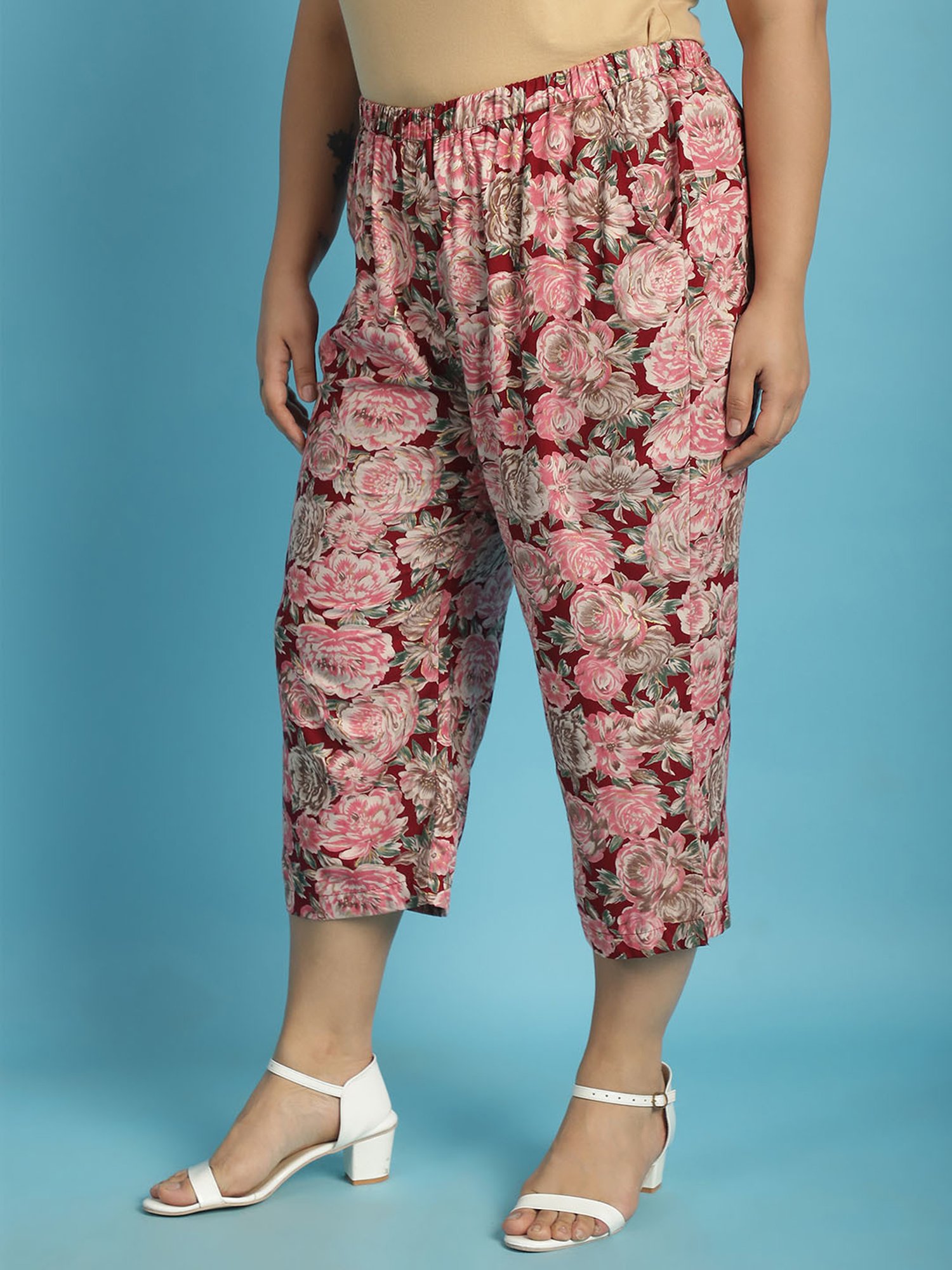 theRebelinme Maroon Floral Print High Rise Capris
