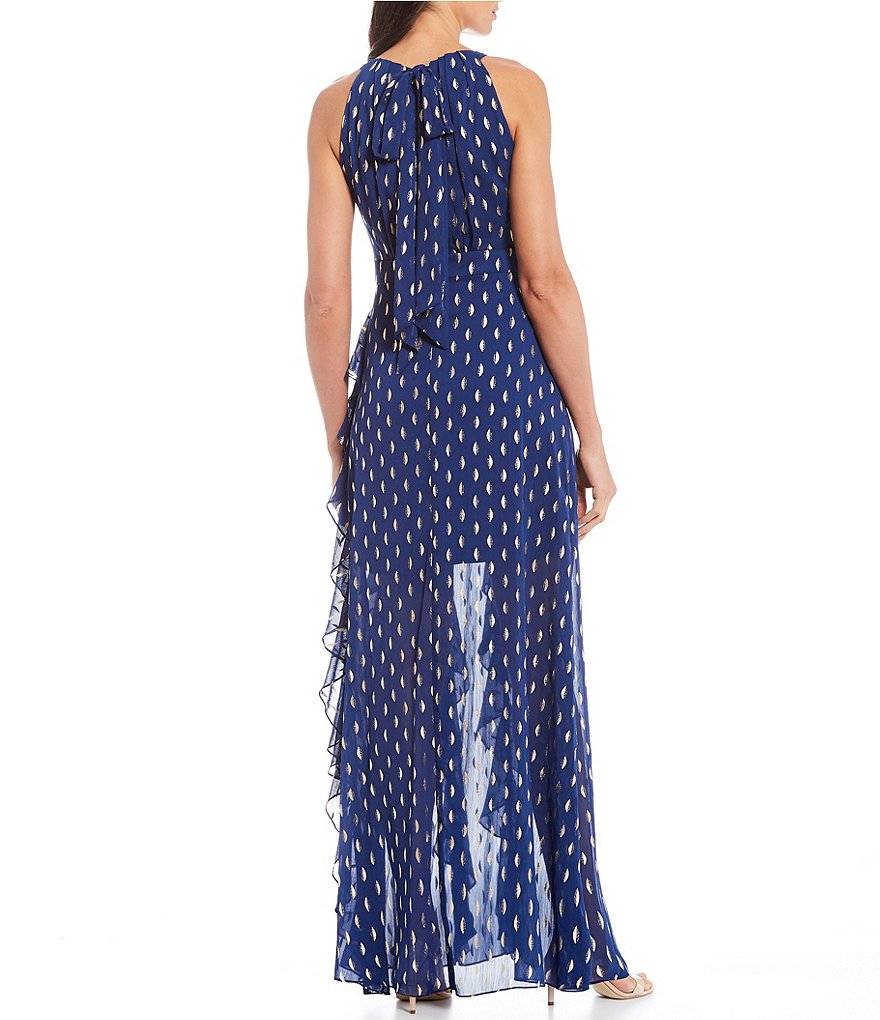 Betsy & Adam Metallic Ruffle Halter Sleeveless Gown