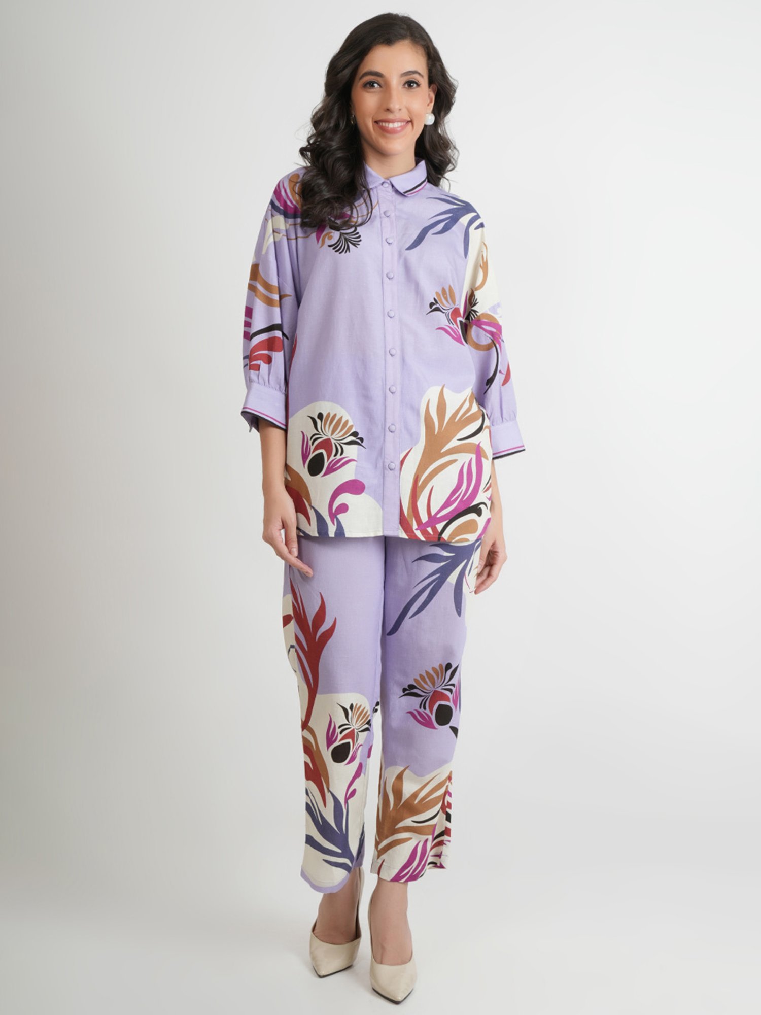 Zolo Label Lilac Floral Print Shirt Pant Set