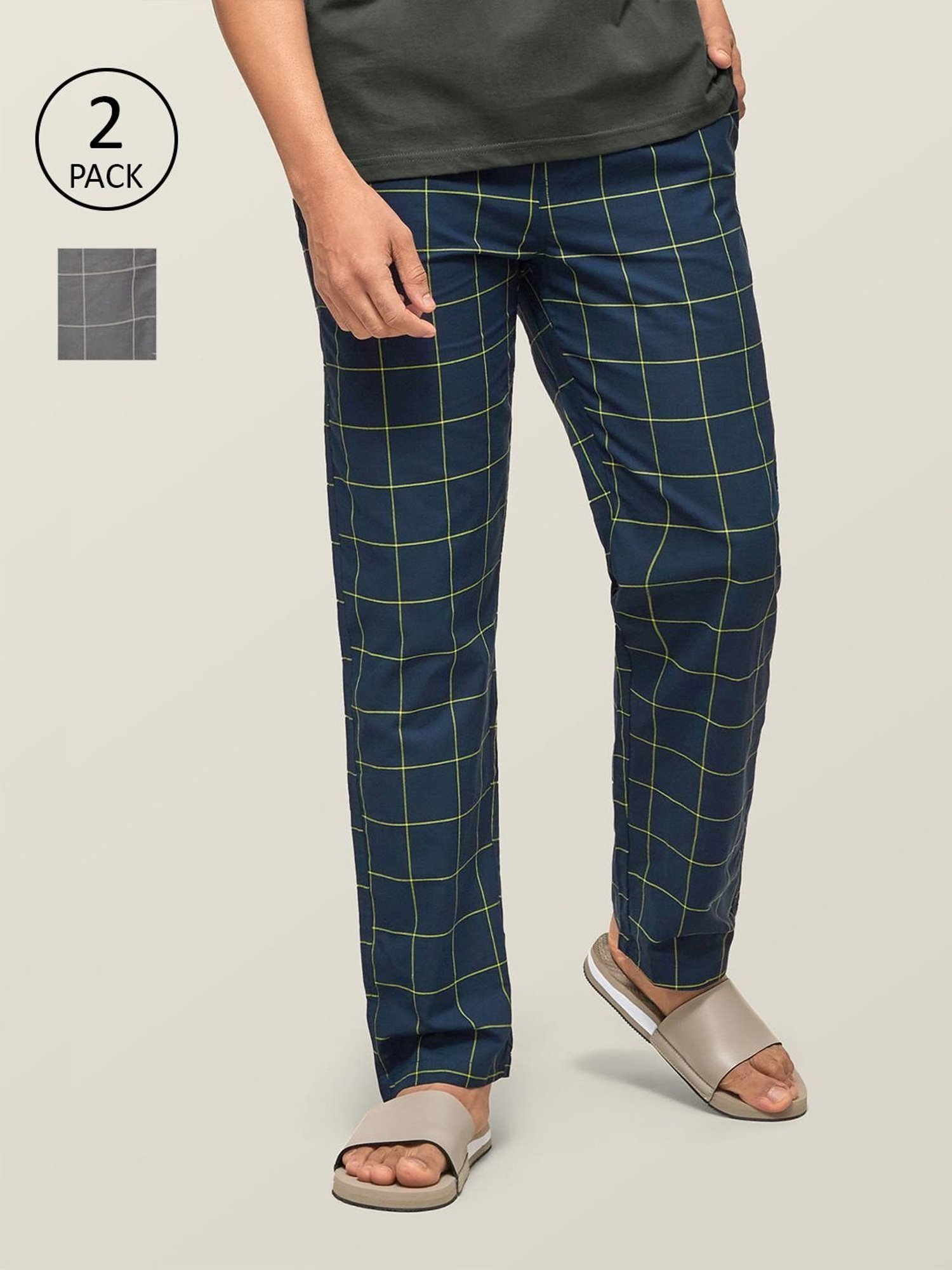 XYXX Grey & Navy Checks Pyjama Pants (Pack Of 2)