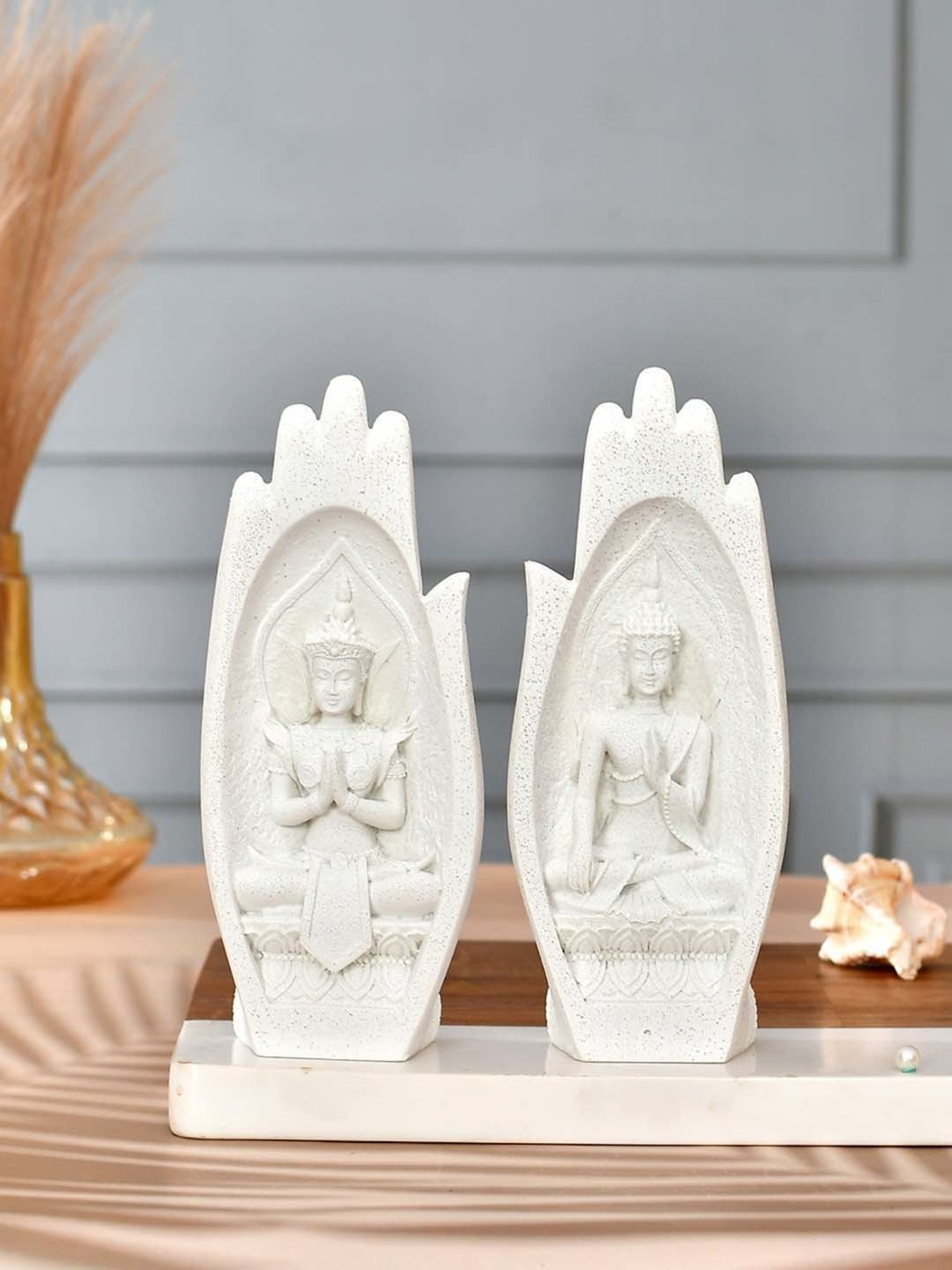 Tayhaa White Resin Palm Of Hand Meditating Buddha - Set of 2