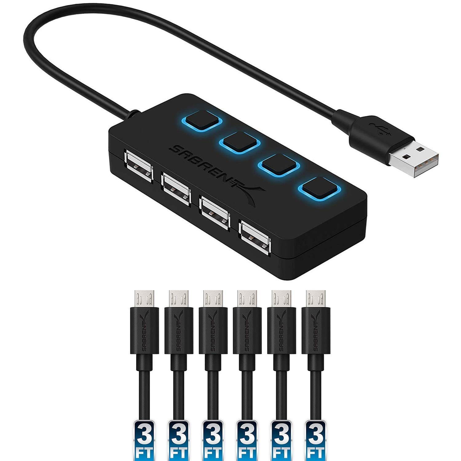 Sabrent 4-Port USB 2.0 Hub with Individual LED lit Power Switches + [6-Pack] 22AWG Premium 3ft Micro USB Cables High Speed USB 2.0 A Male to Micro B Sync and Charge Cables