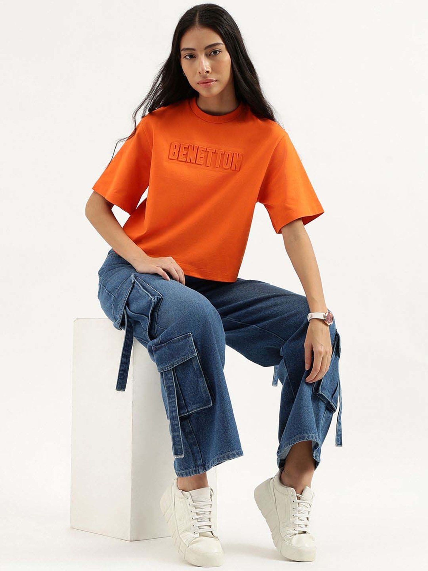 United Colors of Benetton Orange Cotton Debossed T-Shirt