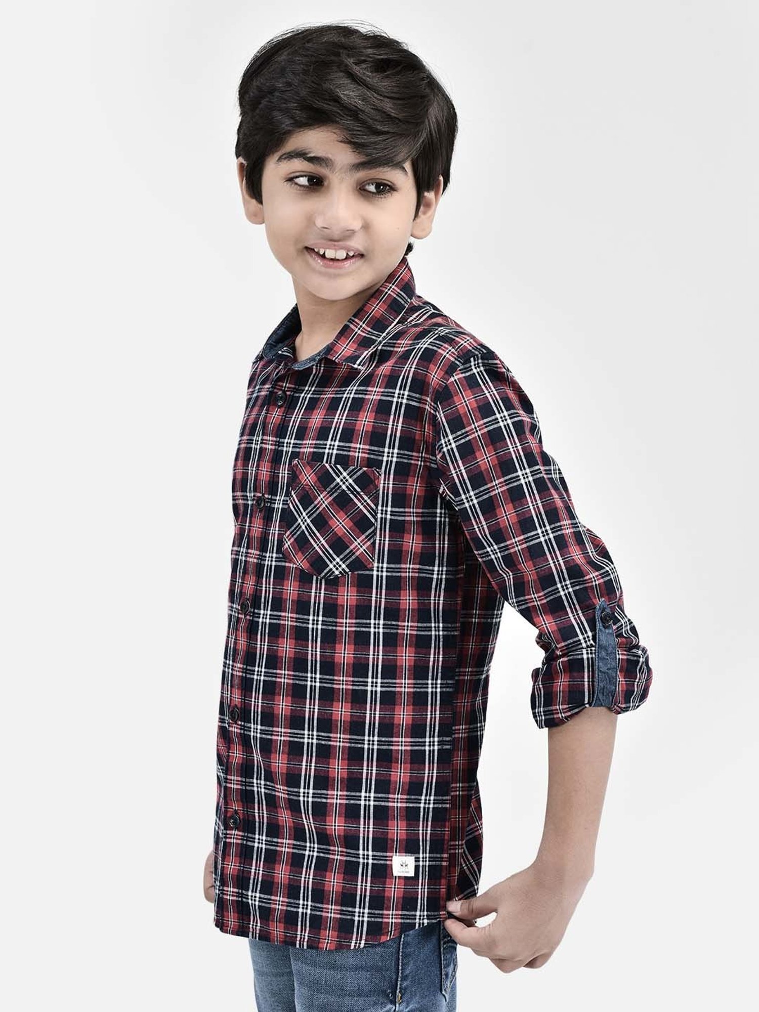 Crimsoune Club Kids Red & Navy Cotton Chequered Full Sleeves Shirt