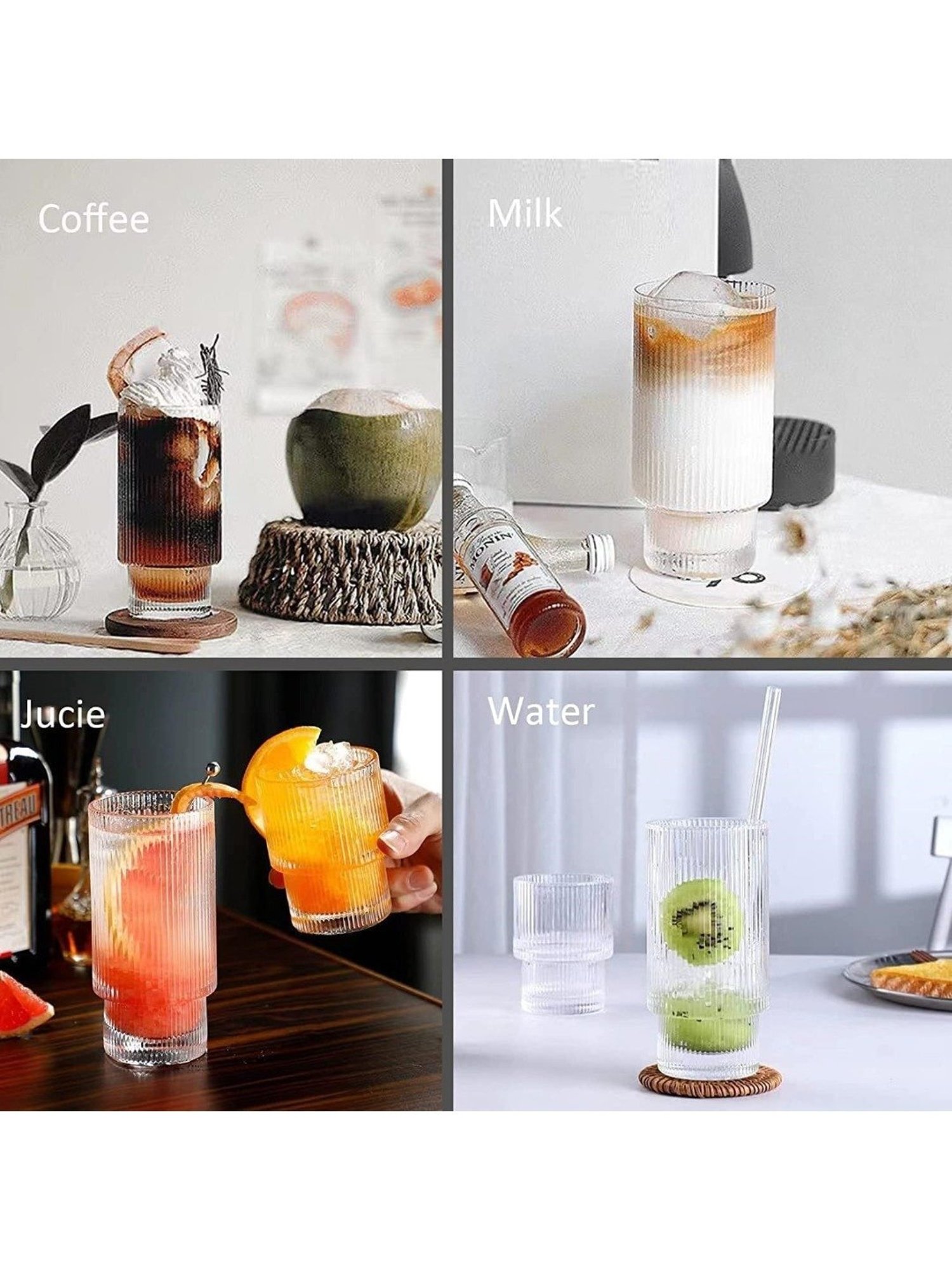 Melbify Ribbed Mojito Transparent Cocktail Glasses 330ml - Set of 6