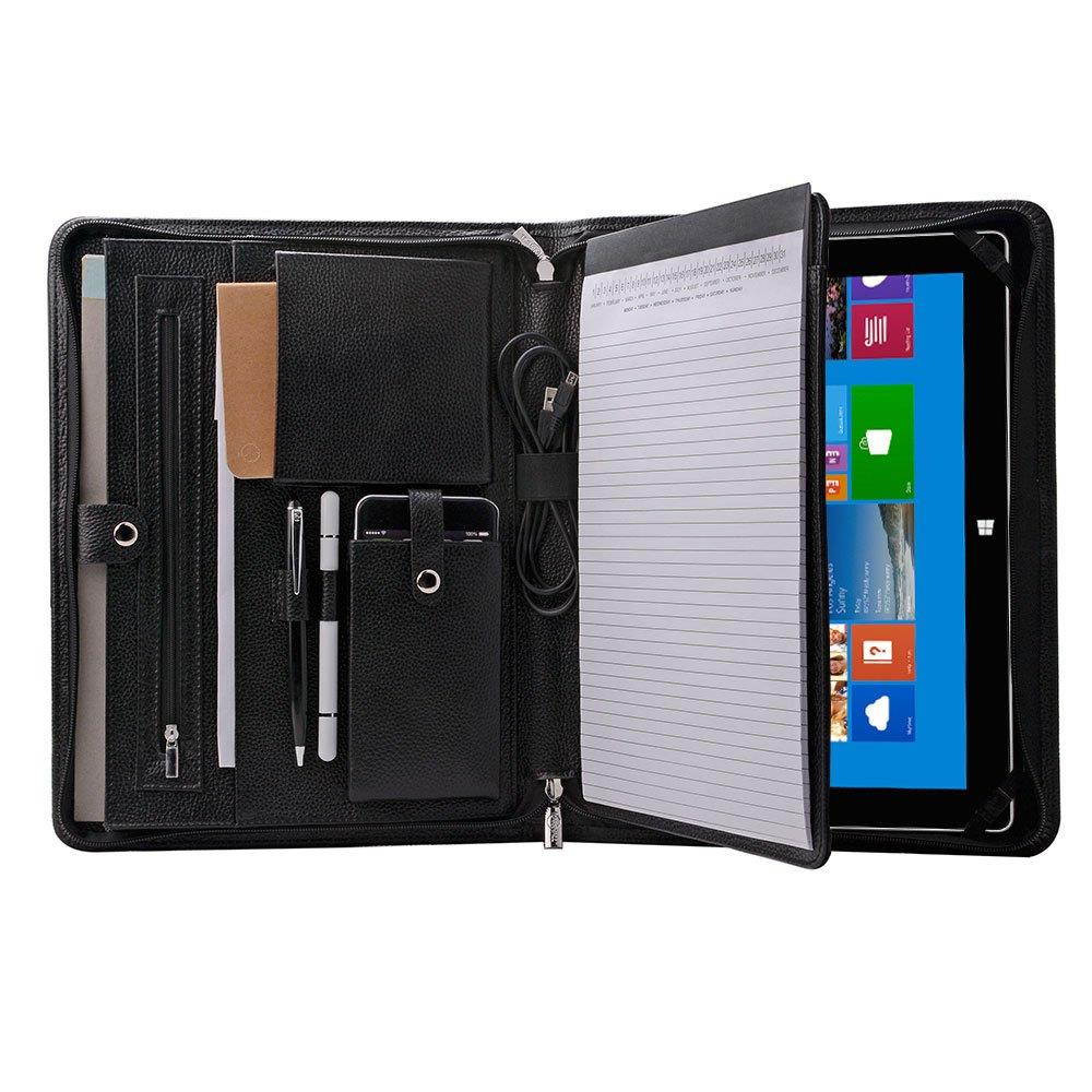 iCarryAlls Genuine Leather Portfolio Organizer Padfolio for New Surface Go, A4 Portfolio for Notepad,Black