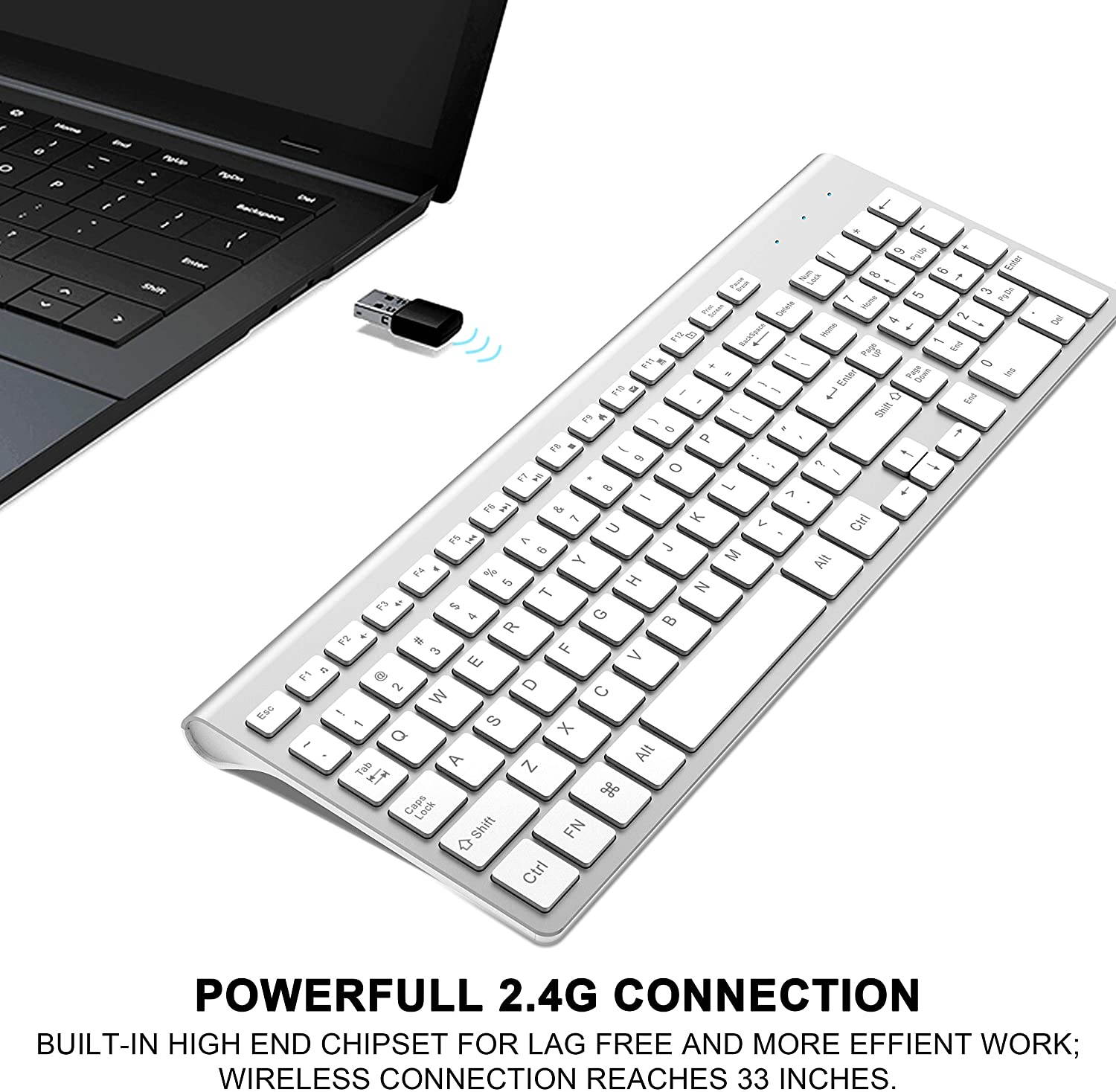 Wireless Keyboard, 2.4G Slim and Compact Wireless Keyboard-White+Silver